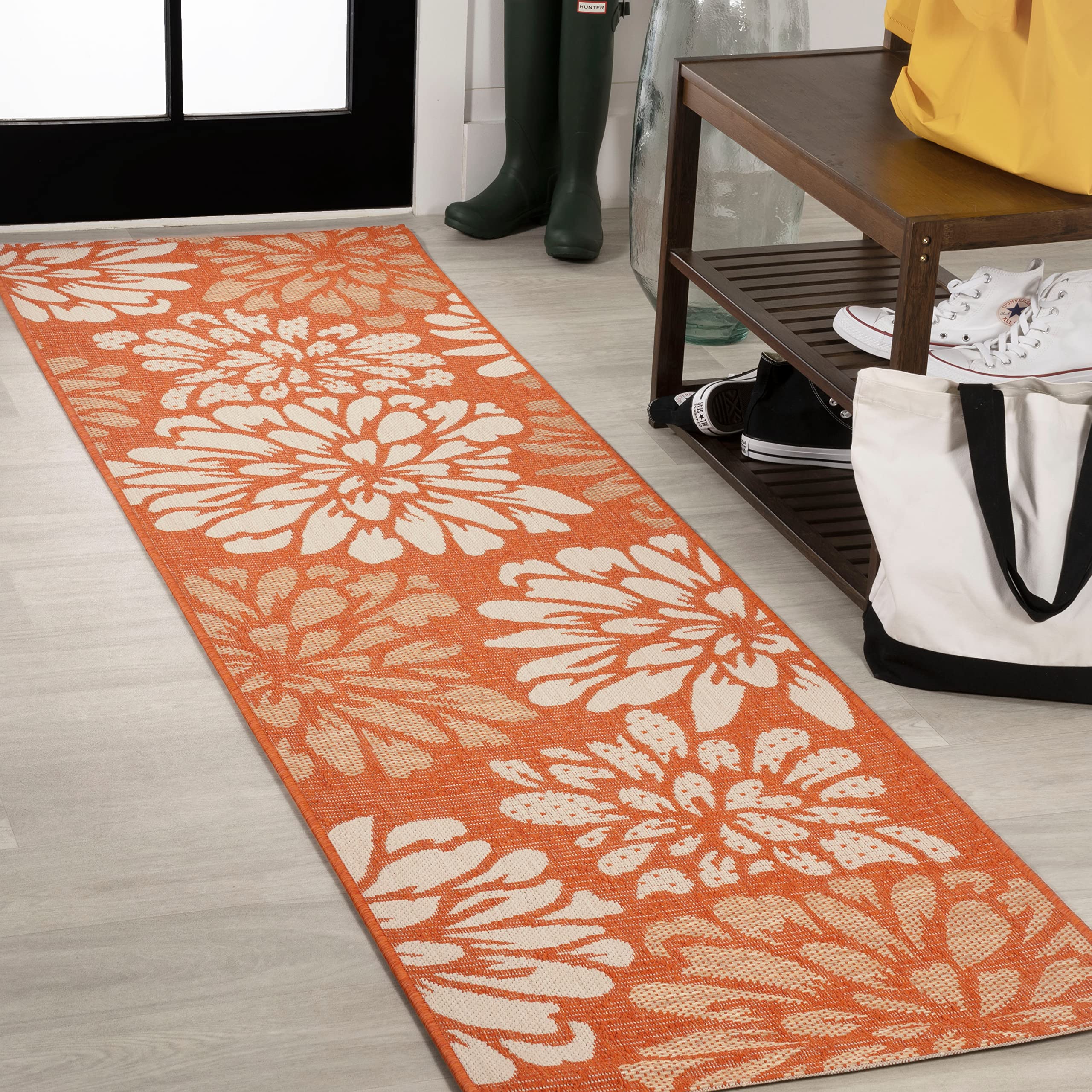 Jonathan Y Smb110E-8 Zinnia Modern Floral Textured Weave Indoor Outdoor Area-Rug, Bohemian Coastal Mediterranean Easy-Cleaning,Bedroom,Kitchen,Backyard,Patio,Non Shedding, 8 X 10, Orange/Cream
