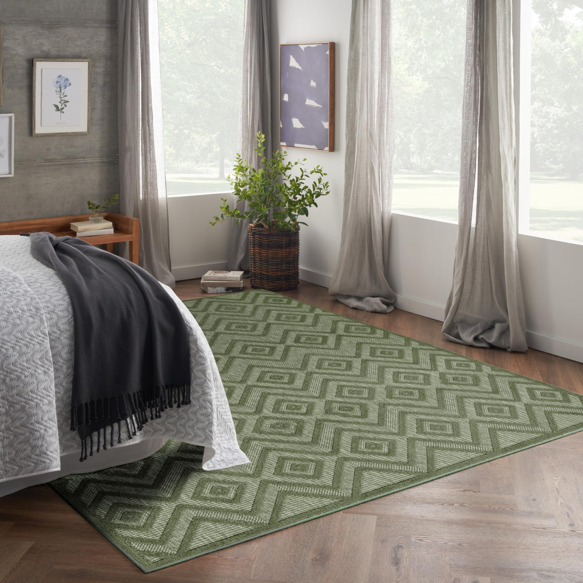 Nourison Versatile Modern Indoor/Outdoor Green 9' X 12' Area Rug, Easy Cleaning, Non Shedding, Bed Room, Living Room, Dining Room, Backyard, Deck, Patio (9X12)