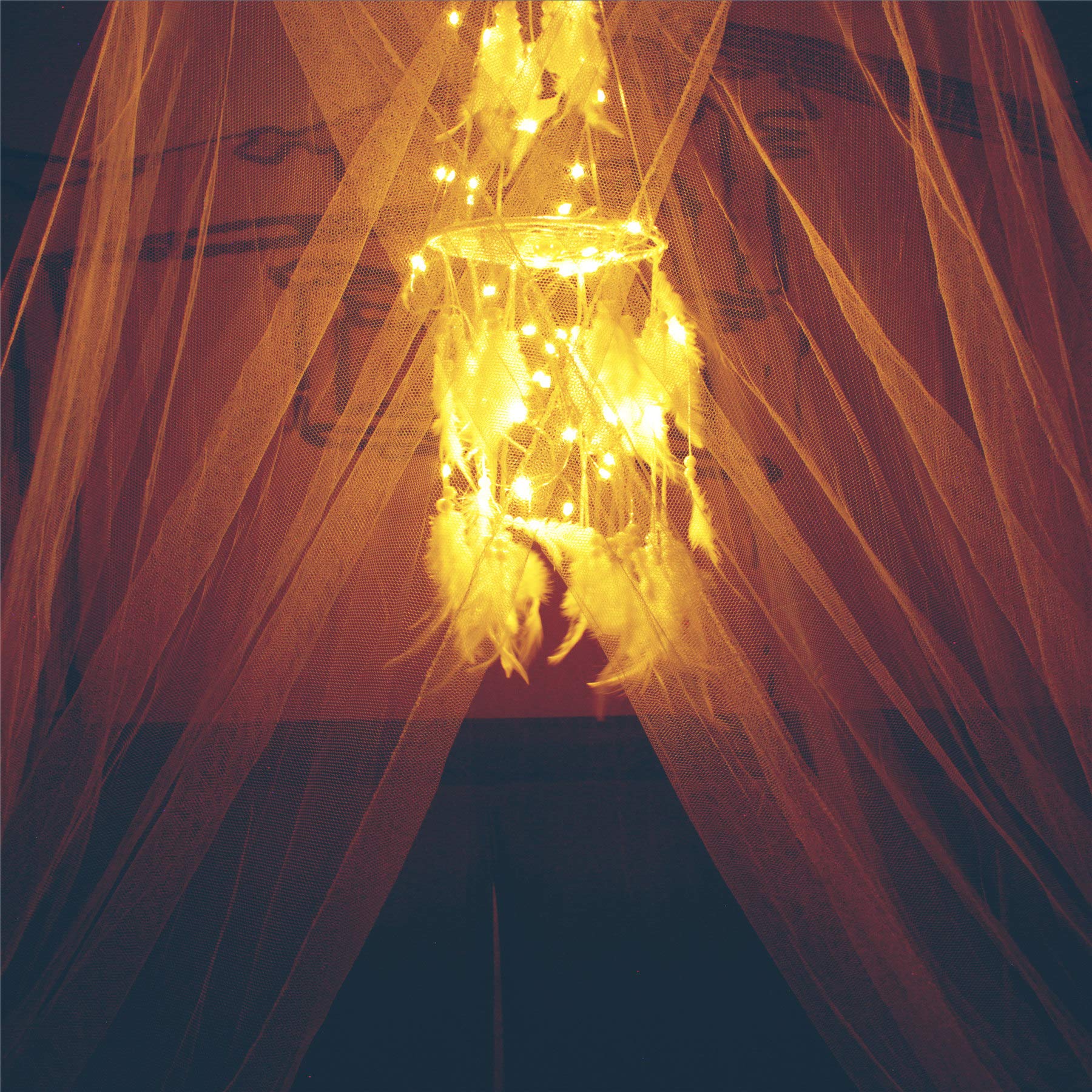 Bed Canopy With Double Circle White Feather Dream Catcher And 50 Led Fairy String Lights, Mosquito Net - Unique Style Dome Bed N