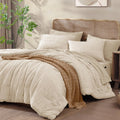 Casaagusto Queen Comforter Set, 7 Pieces Beige Seersucker Bed In A Bag Queen Size Soft All Seasons, Bedding Sets With Comforter,
