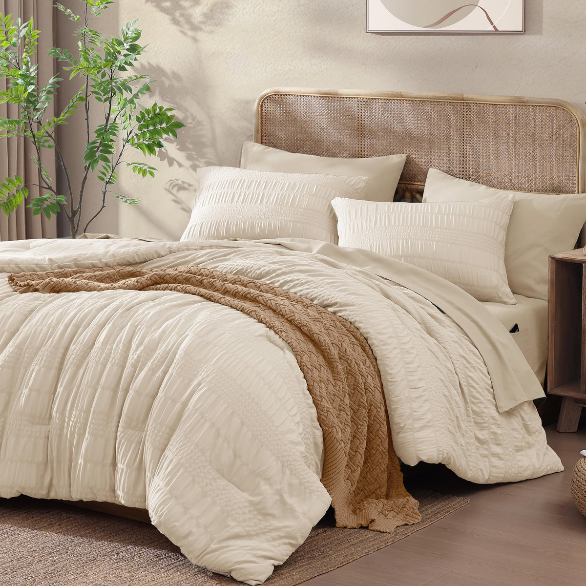 Casaagusto Queen Comforter Set, 7 Pieces Beige Seersucker Bed In A Bag Queen Size Soft All Seasons, Bedding Sets With Comforter,