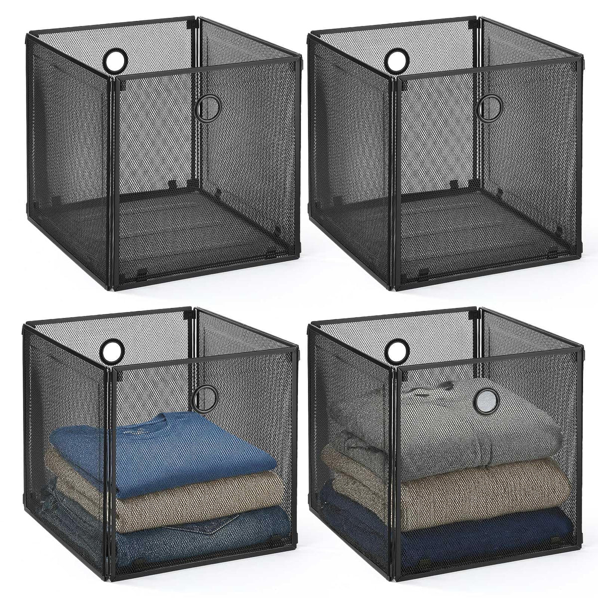 Ferrochef 4 Pcs Foldable Metal Cube Storage Baskets, 13x13in, Black