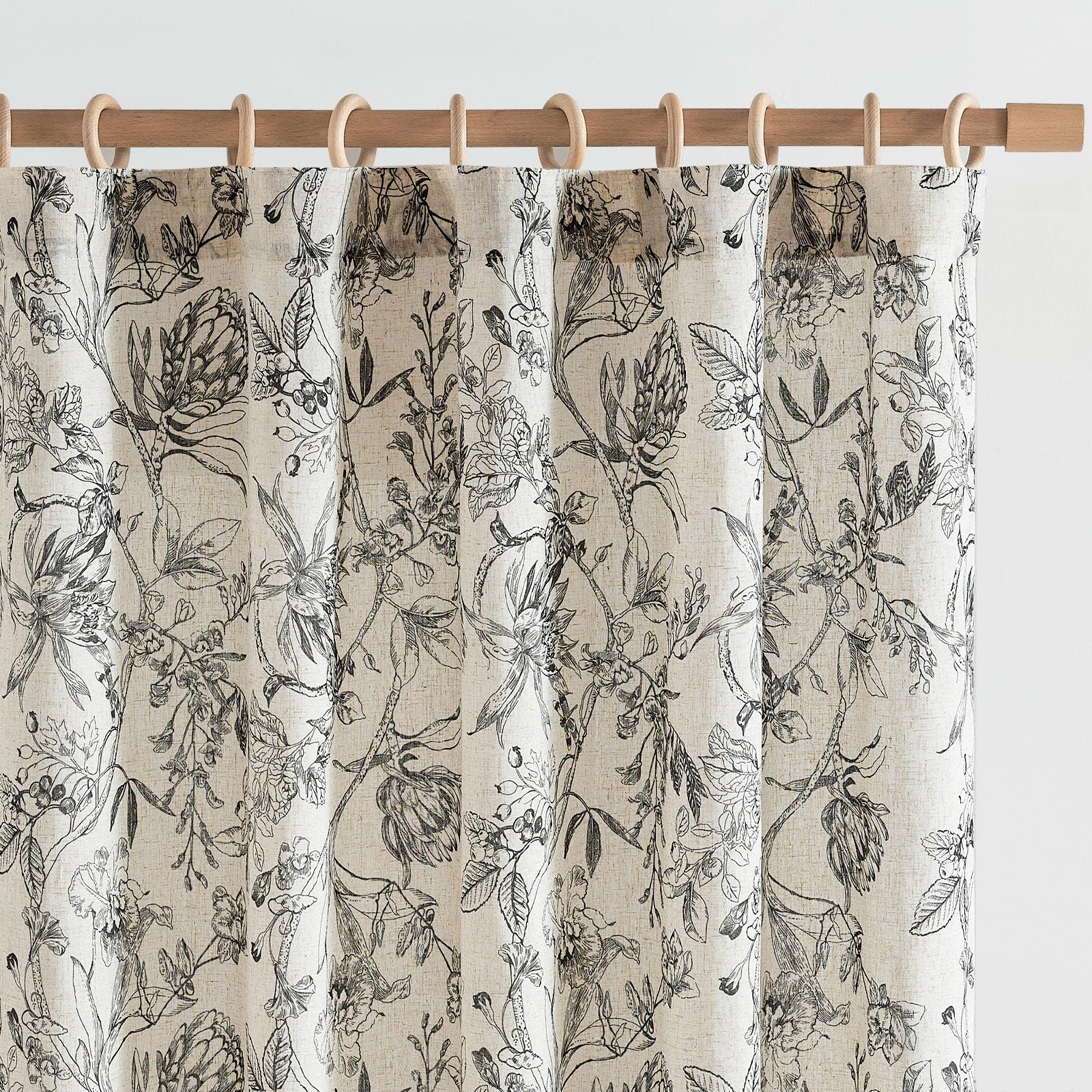 Jinchan Floral Curtains 96 Inches Long Black Flower Linen Farmhouse Curtains For Living Room French Country Vintage Curtains Rod Pocket Curtains Set 2 Panels Balck Flower Printed Curtains