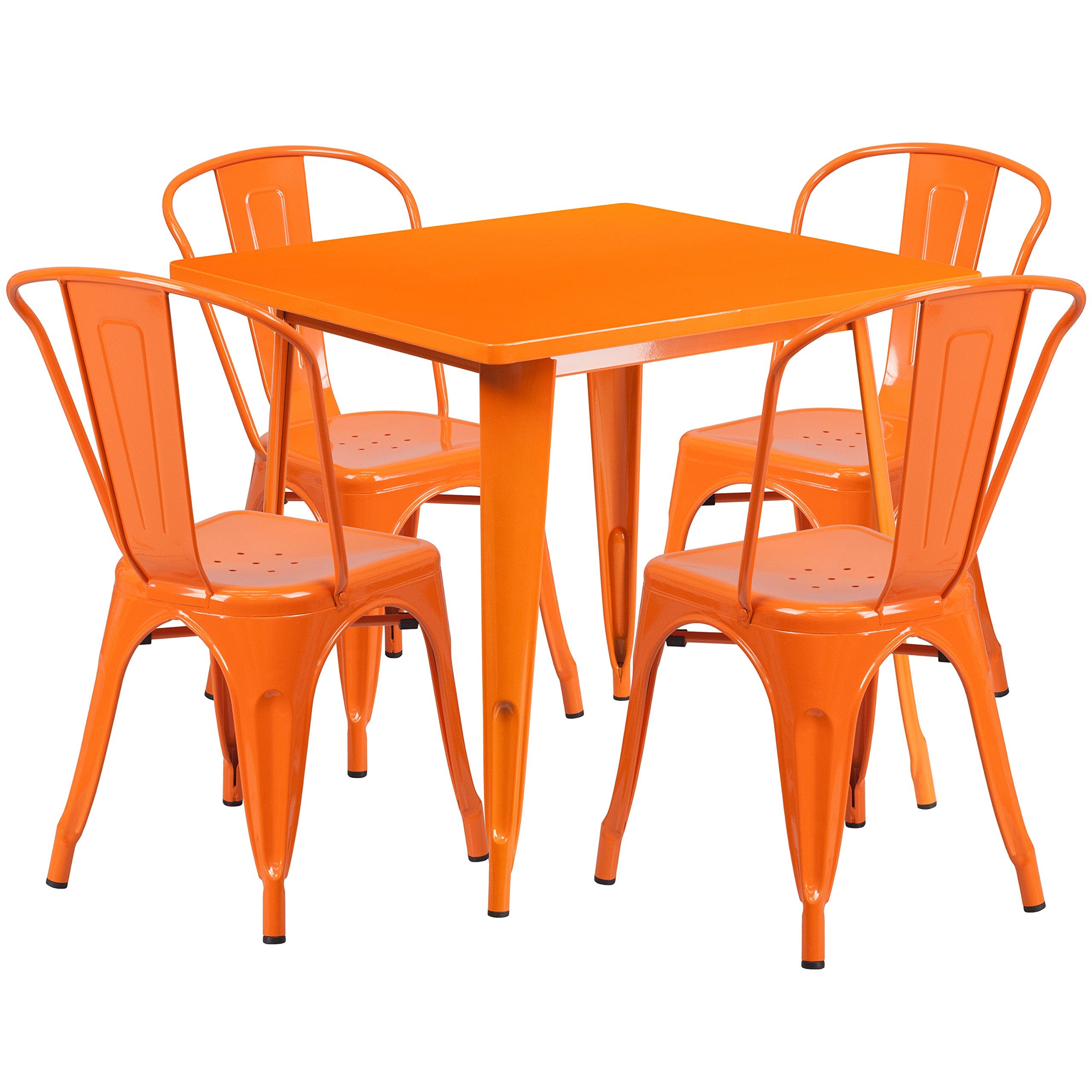 Flash Furniture Commercial Grade 31.5' Square Orange Metal Indoor-Outdoor Table Set With 4 Stack Chairs