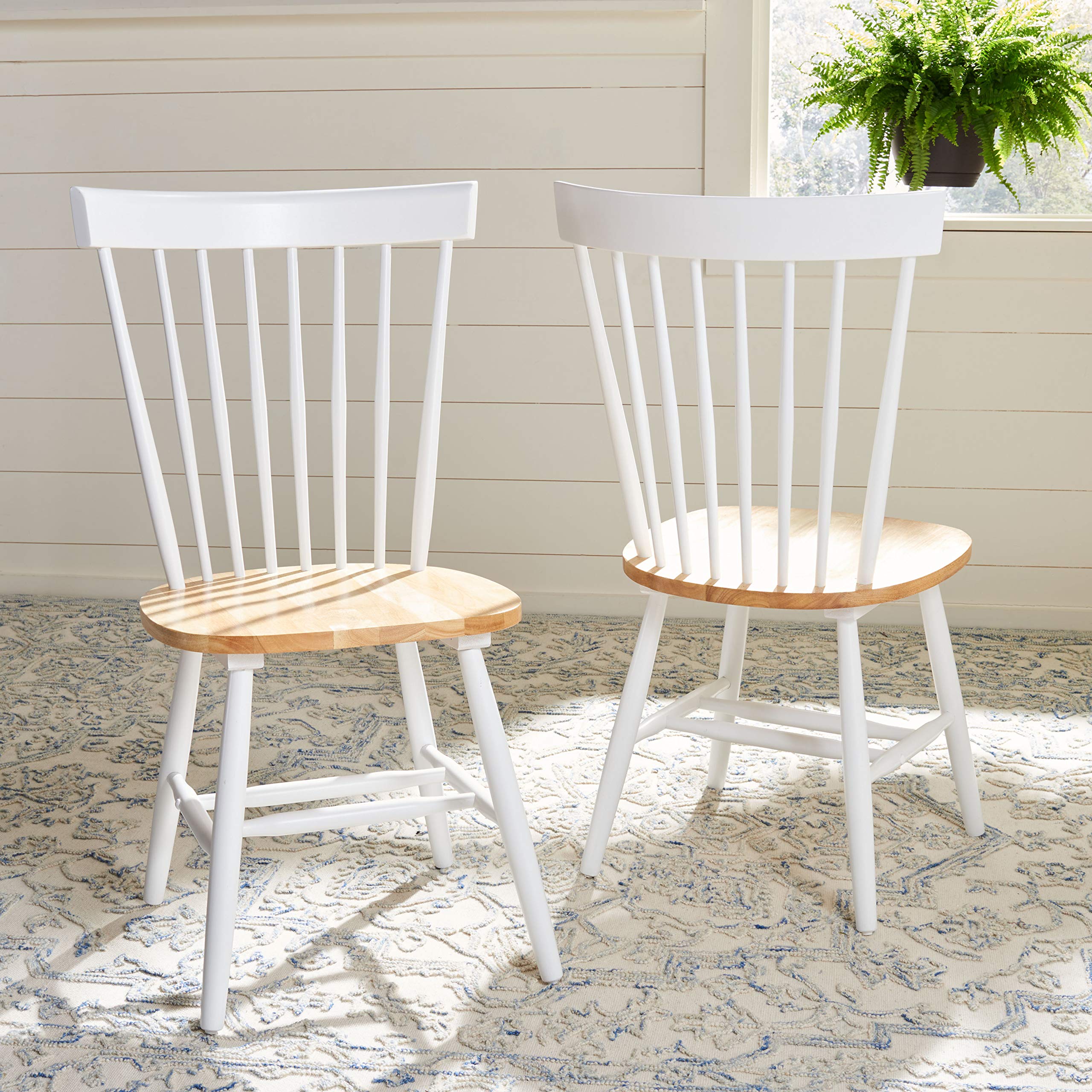 Safavieh Home Collection Parker Farmhouse White/Natural Windsor Spindle Solid Wood Dining Chair Set Of 2