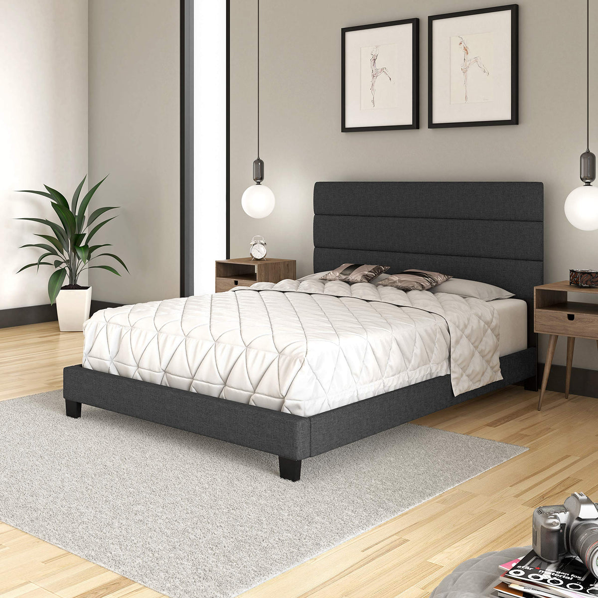 Boyd Sleep Ravenna Upholstered Platform Bed Frame Mattress Foundation With Tri-Panel Headboard And Strong Wood Slat Supports: Linen, Black, Queen