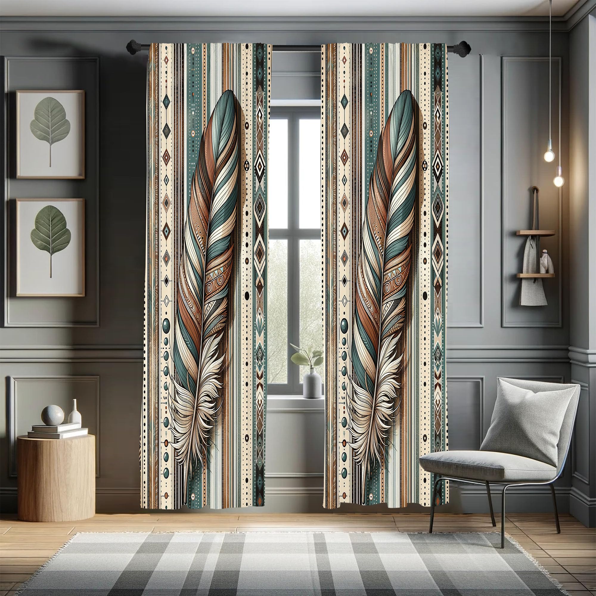 Ambesonne Bohemian Curtains, Bold and Big Feather Motif on Southwestern Inspired Striped Print, Window Treatments 2 Panel Set fo