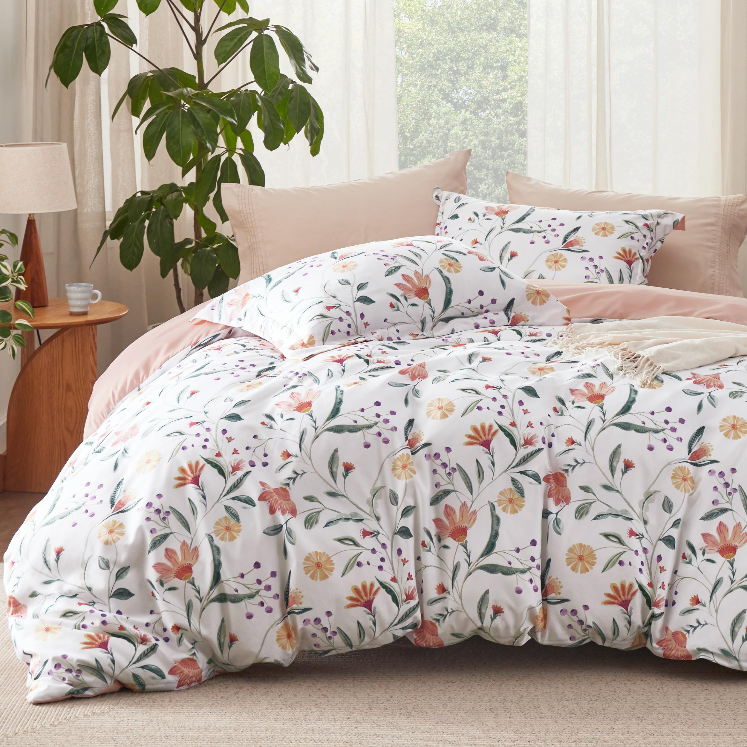 Bedsure Duvet Cover Queen Size - Reversible Floral Duvet Cover Set With Zipper Closure, 3 Pieces Pale Blush Bedding Set With 8 Corner Ties And 2 Pillow Shams 20'X26'