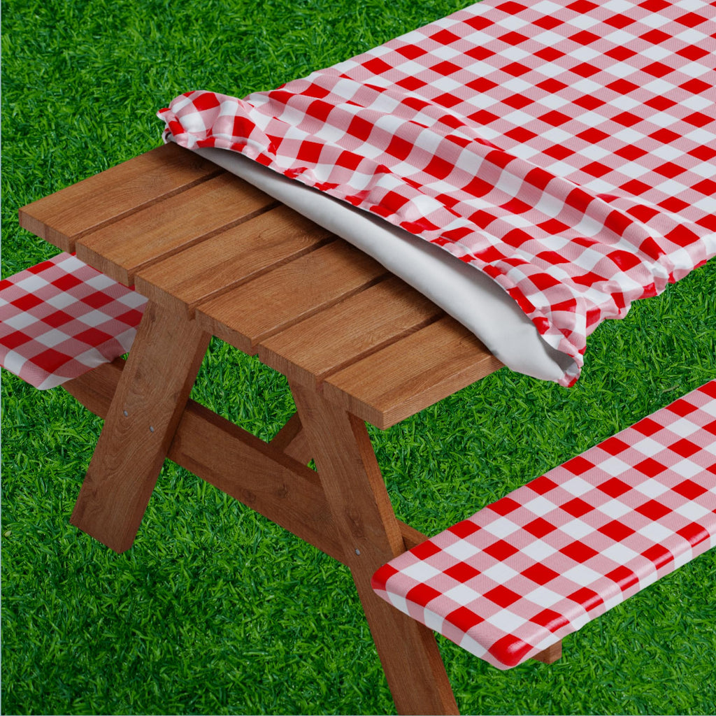 Sorfey Vinyl Picnic Table And Bench Fitted Tablecloth Cover, Checkered Design, Flannel Backed Lining, 30 X 96 Inch, 3-Piece Set, Red