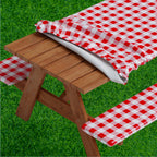 Sorfey Vinyl Picnic Table And Bench Fitted Tablecloth Cover, Checkered Design, Flannel Backed Lining, 30 X 96 Inch, 3-Piece Set, Red