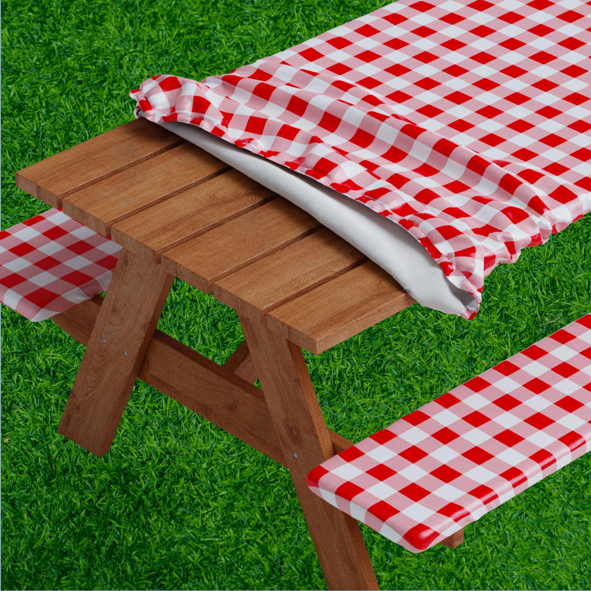 Sorfey Vinyl Picnic Table And Bench Fitted Tablecloth Cover, Checkered Design, Flannel Backed Lining, 30 X 96 Inch, 3-Piece Set, Red