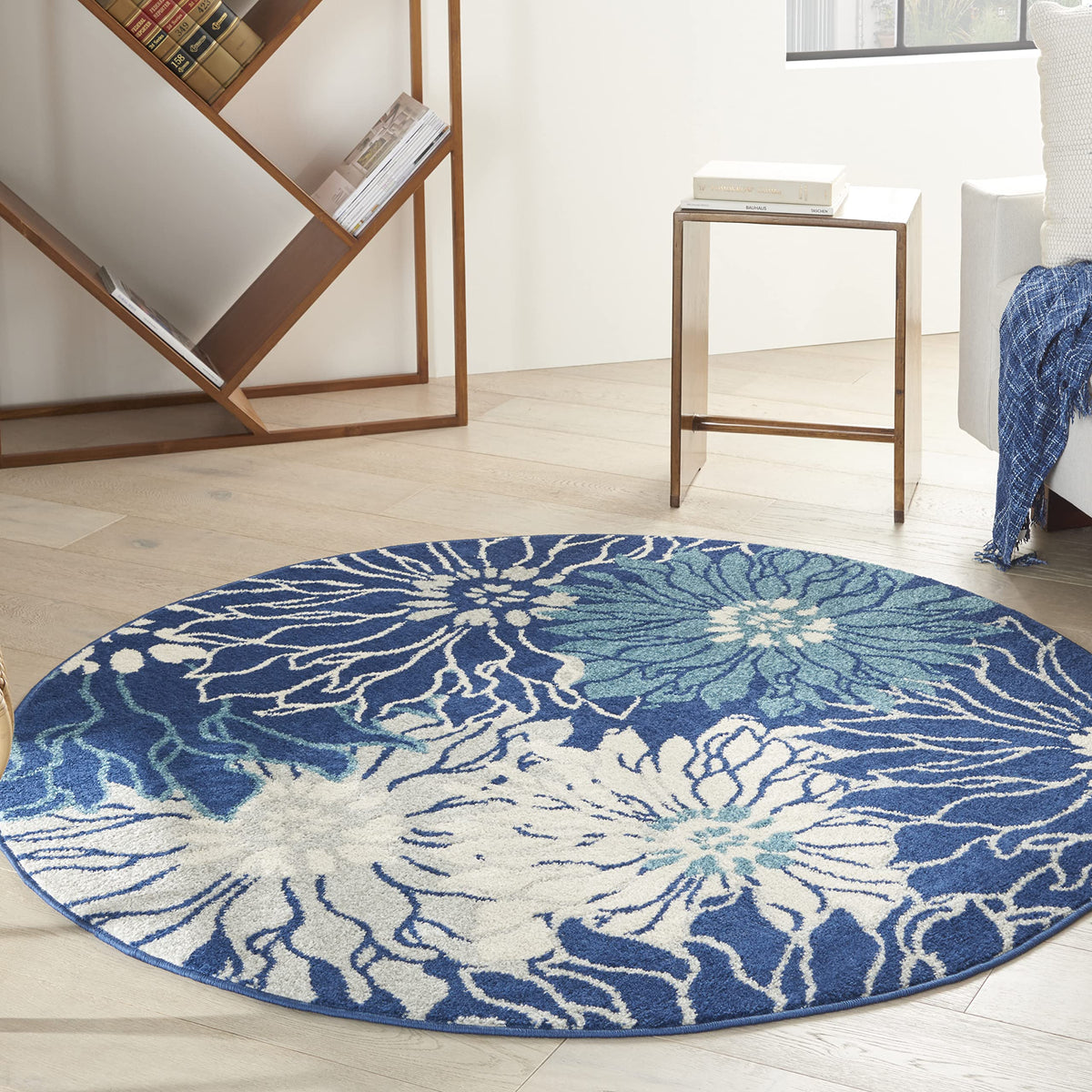 Nourison Passion Navy/Ivory 4' X Round Area Rug, Floral, Farmhouse, Easy Cleaning, Non Shedding, Bed Room, Living Room, Dining R