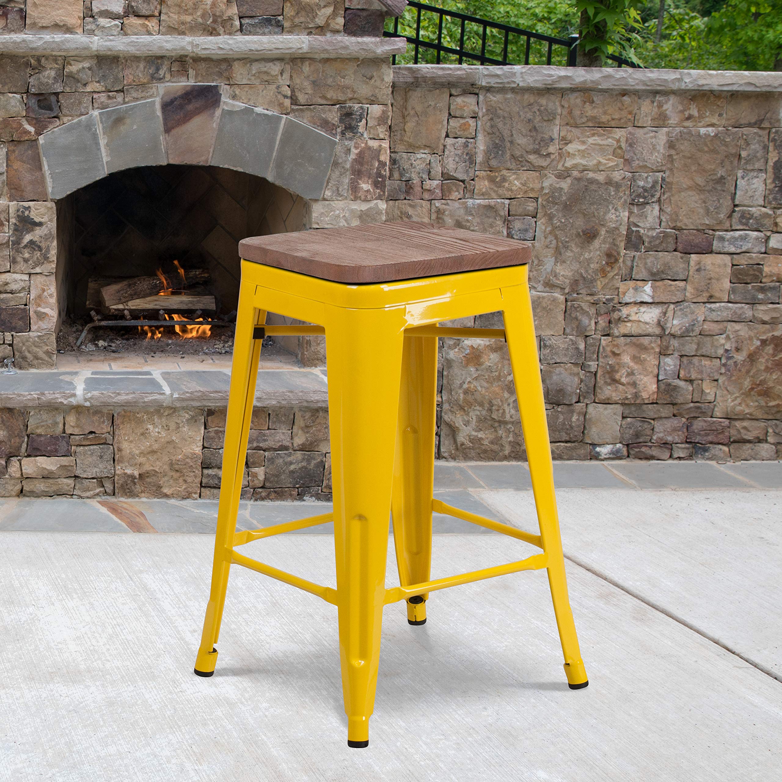 Flash Furniture Lily 24 High Backless Yellow Metal Counter Height Stool with Square Wood Seat (Pack of 1)