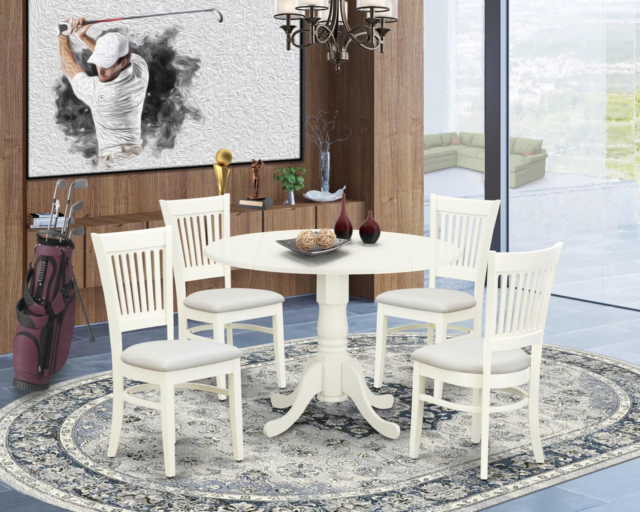 East West Furniture Dlva5-Lwh-C 5 Piece Dining Table Set For 4 Includes A Round Kitchen Table With Dropleaf And 4 Linen Fabric Kitchen Dining Chairs, 42X42 Inch, Linen White