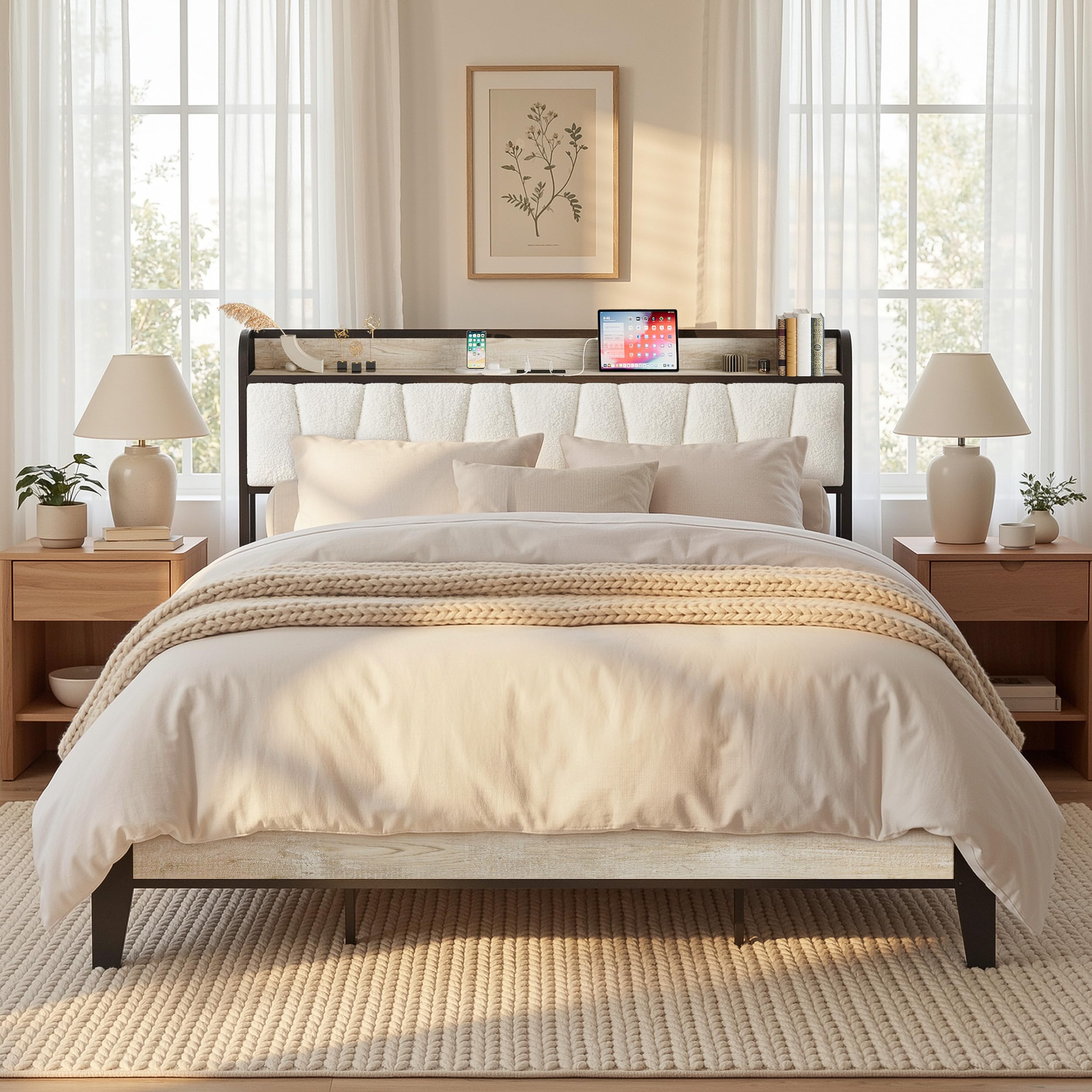 LIKIMIO California King Bed Frames, Boucl   Storage Headboard with Charging Station, Solid and Stable, Noise Free, No Box Spring