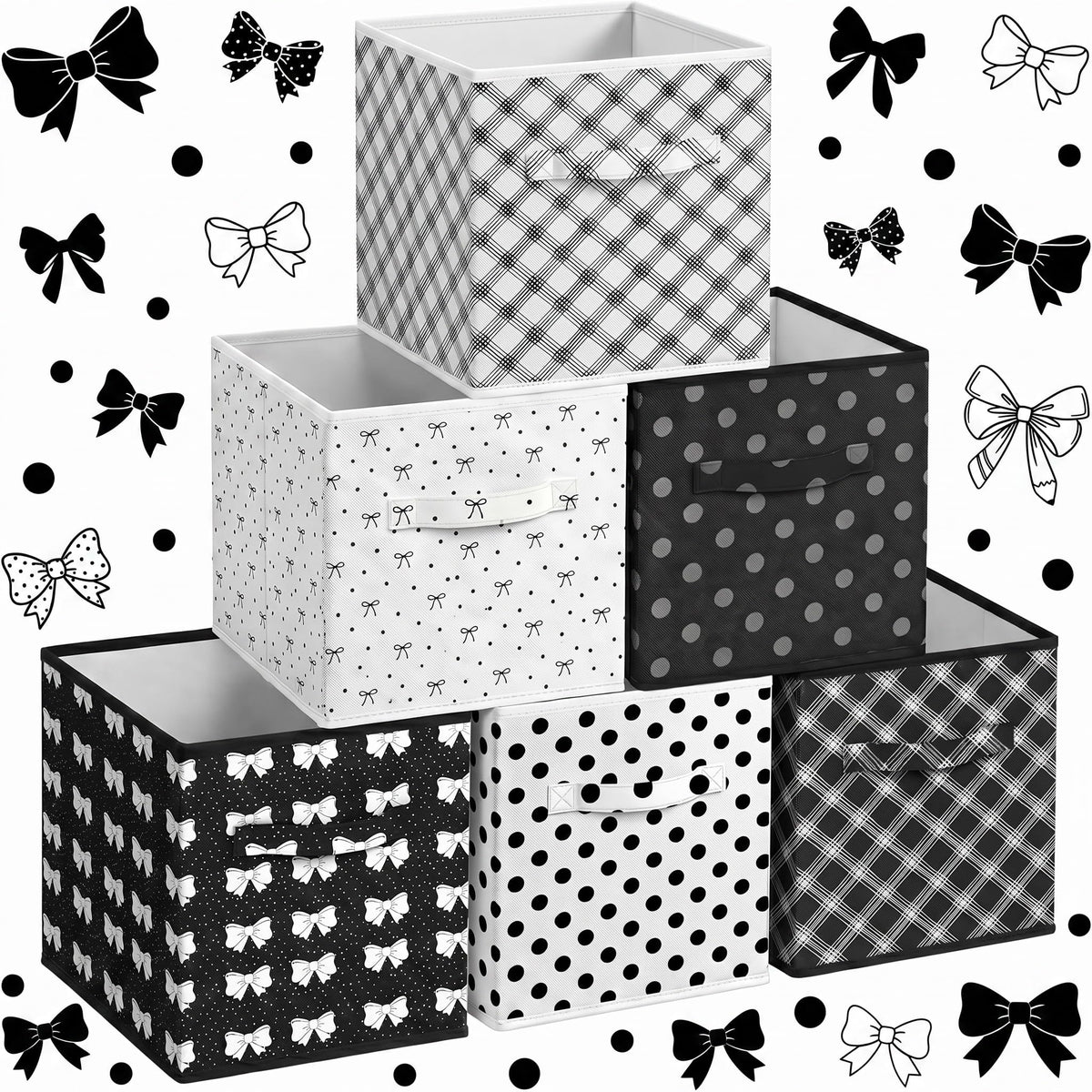 Glooglitter 6 Pcs Coquette Black Bow Storage Bins with Handles 11 Inch Foldable Classroom Storage Cubes Polka Dot Organizer Bask