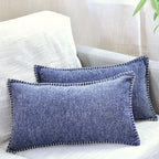 Decorative Stitched Edge Textured Lumbar Pillow Covers 12 X 20 Inches Navy Blue Set Of 2 | Soft Chenille Farmhouse Cushion Cover