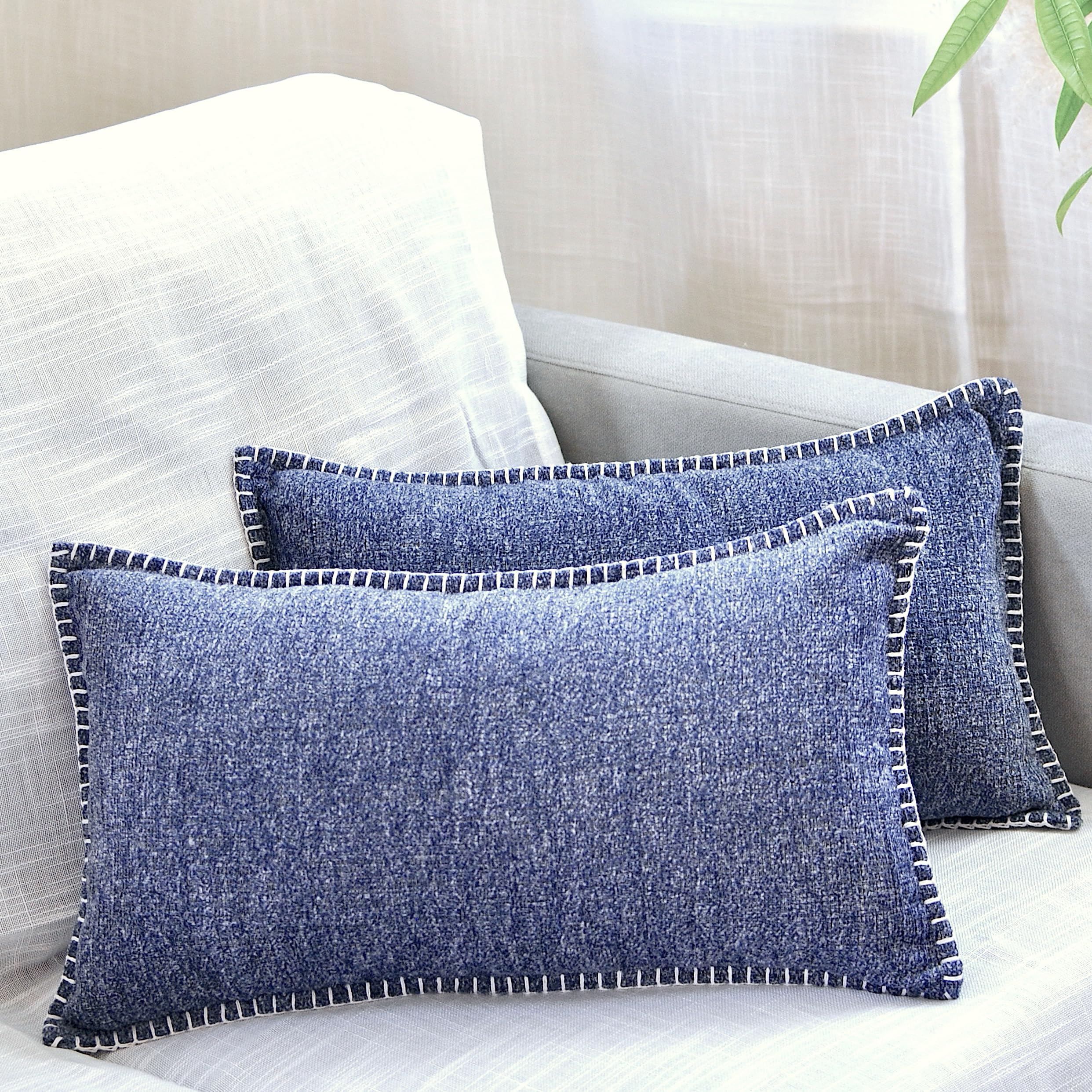 Decorative Stitched Edge Textured Lumbar Pillow Covers 12 X 20 Inches Navy Blue Set Of 2 | Soft Chenille Farmhouse Cushion Cover