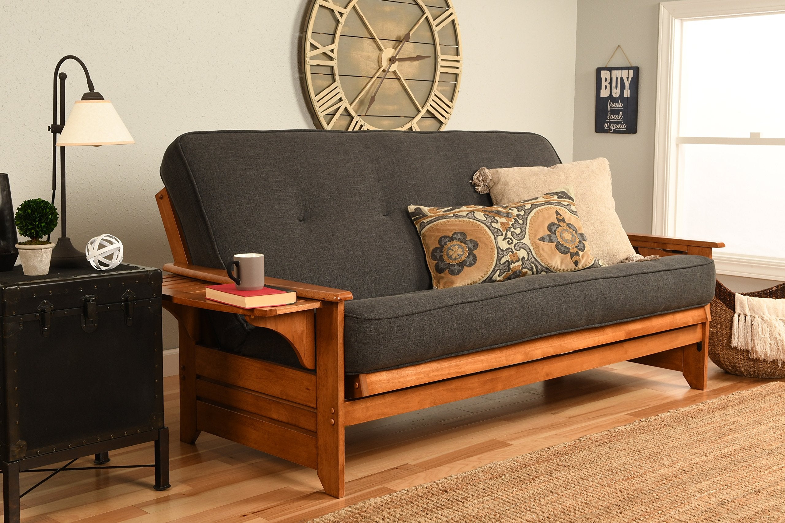 Phoenix Full Size Futon Couch With Linen Fabric Mattress Included - Wooden Frame - Solid Hardwood Construction