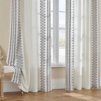 Seekright Grey Boho Curtains 72 Inch Length For Living Room Grommet Semi Sheer Linen Curtains Striped Embroidered Window Curtain