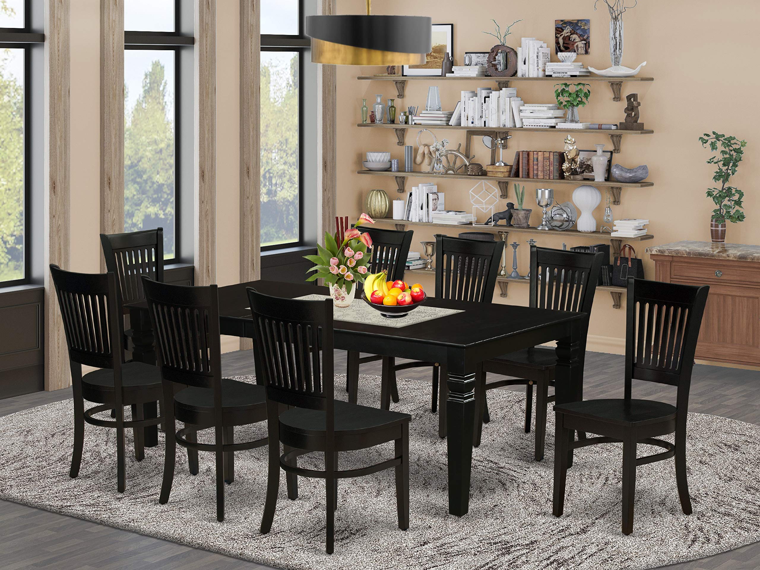 East West Furniture Lgva9-Blk-W Logan 9 Piece Kitchen Set Includes A Rectangle Dining Room Table With Butterfly Leaf And 8 Solid Wood Seat Chairs, 42X84 Inch, Black