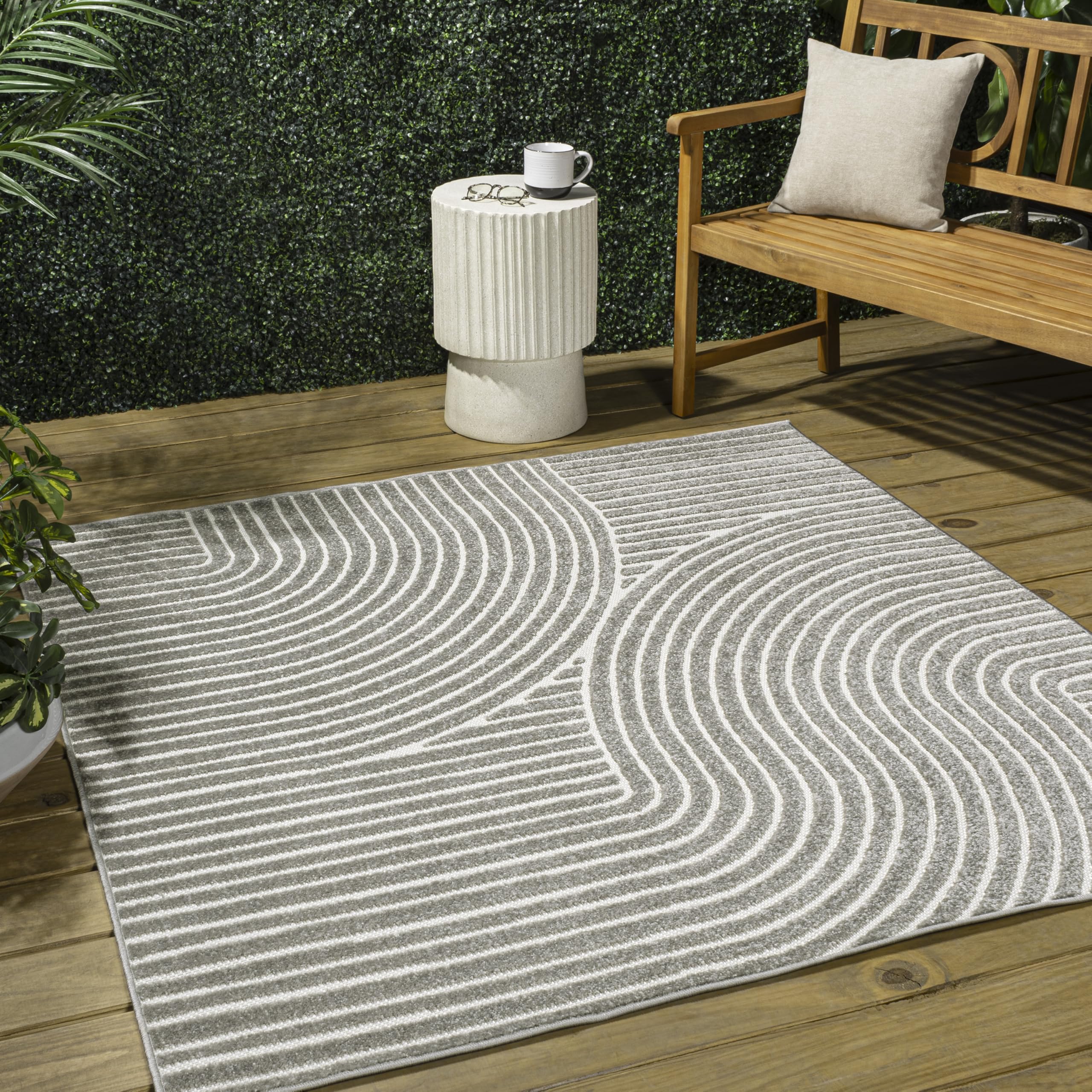 Jonathan Y Scn100A-8Sq Hallie High-Low Minimalist Curve Geometric Gray/Ivory 8' Square Indoor/Outdoor Area Rug, Pet Friendly, No