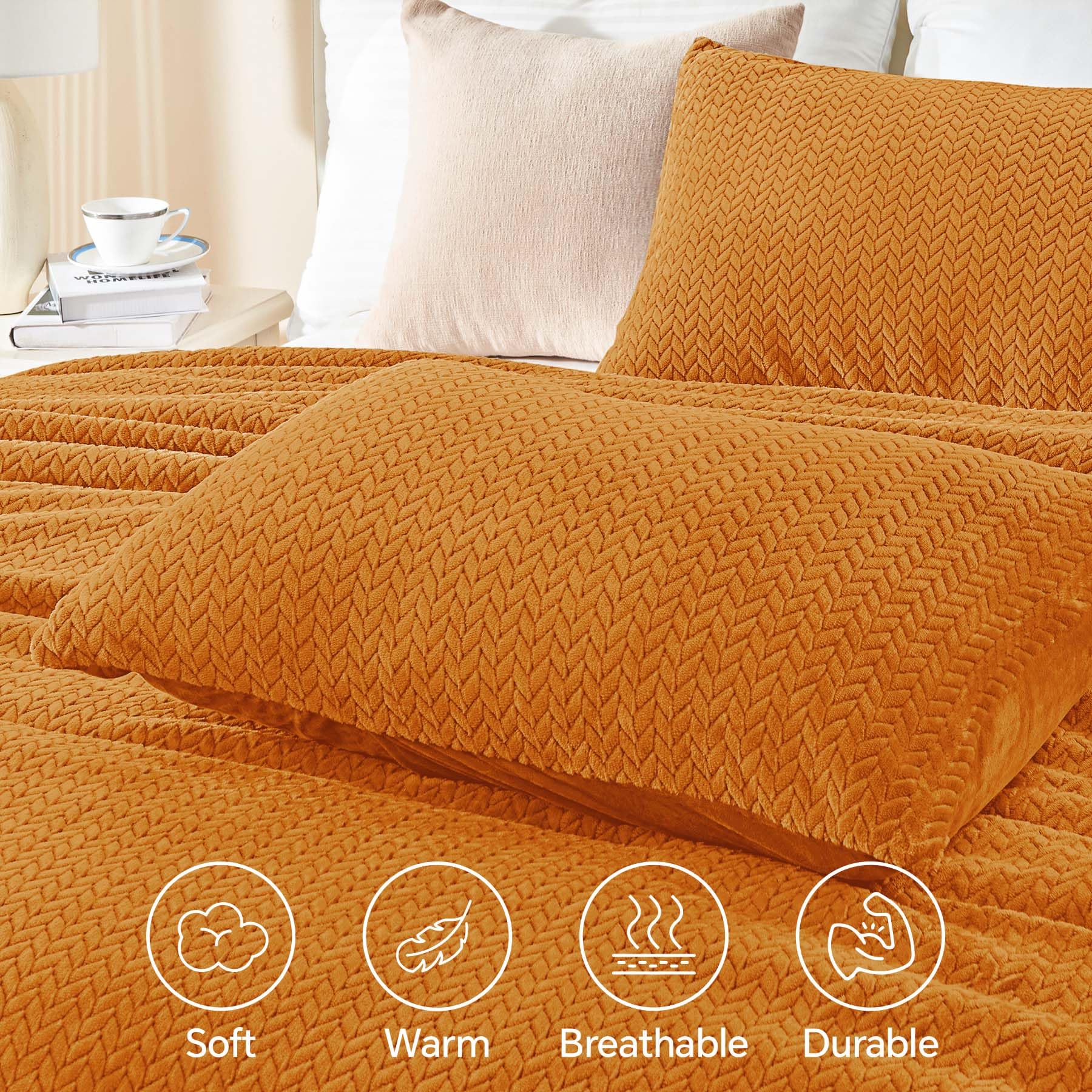 Chixpace Fluffy King Comforter Set - Furry Burnt Orange Leaves Pattern Faux Fur Bed Set, Winter Ultra Soft Fuzzy Comfort Set, Ve