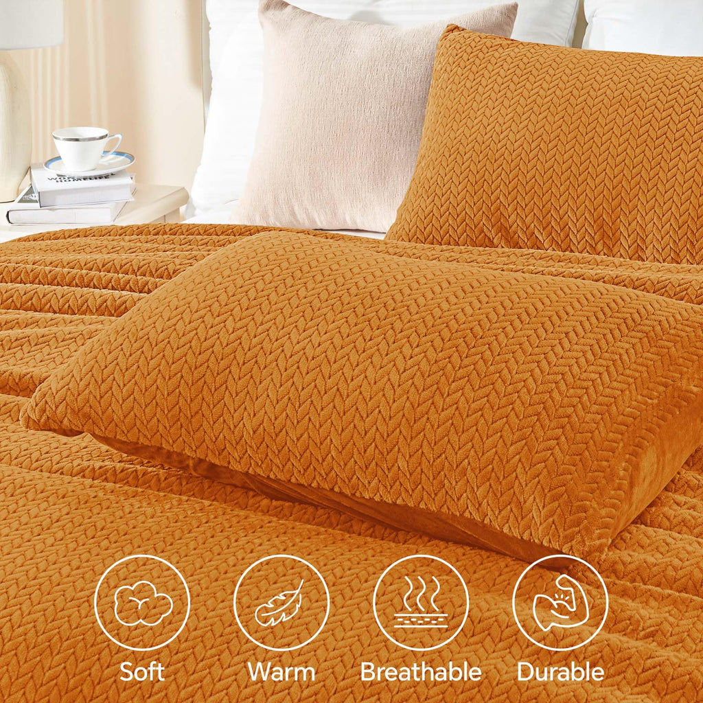Chixpace Fluffy Queen Comforter Set - Furry Burnt Orange Leaves Pattern Faux Fur Bed Set, Winter Ultra Soft Fuzzy Comfort Set, V