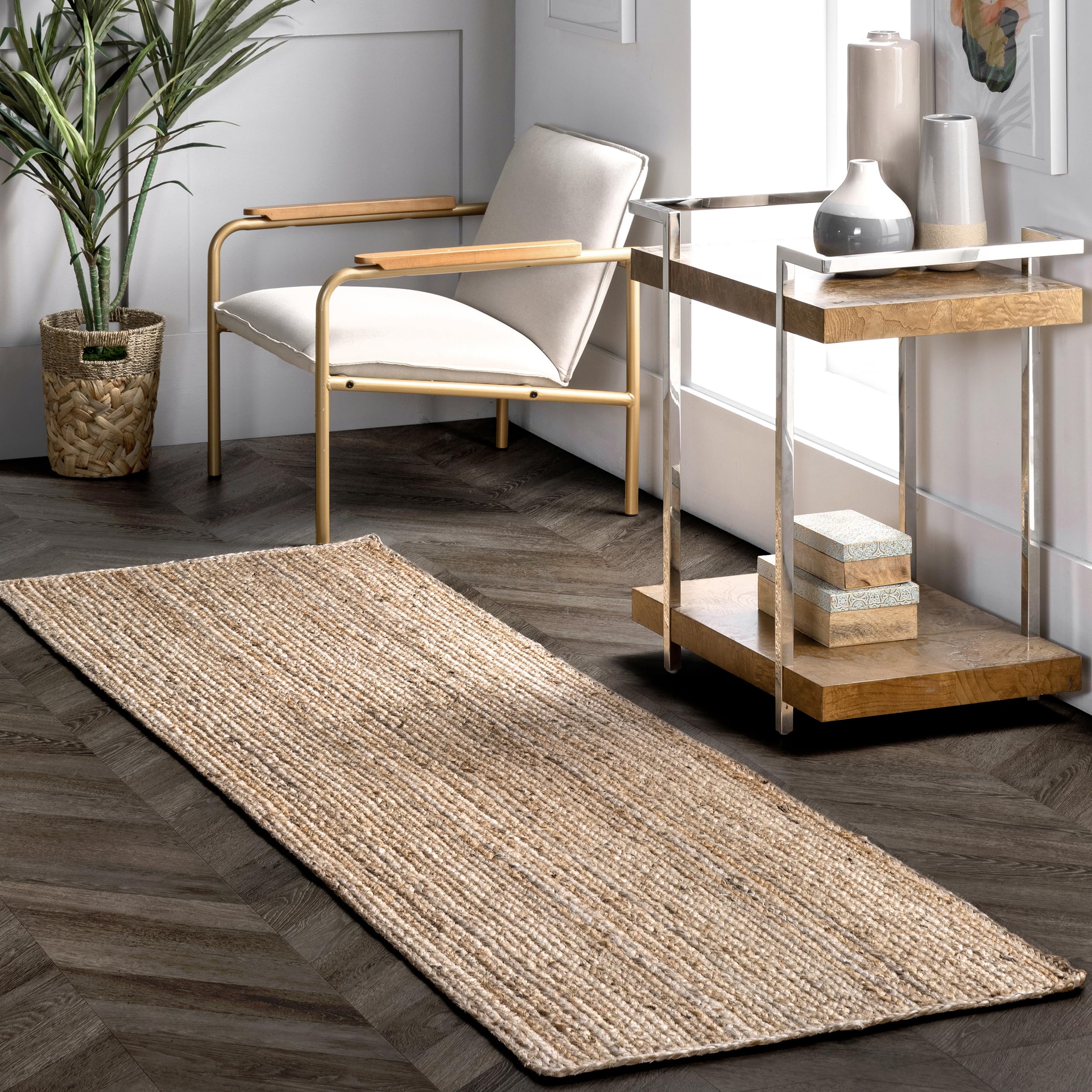 nuLOOM 2x16 Rigo Jute Hand Woven Area Rug, Natural, Solid Farmhouse Design, Natural Fiber, For Bedroom, Living Room, Dining Room