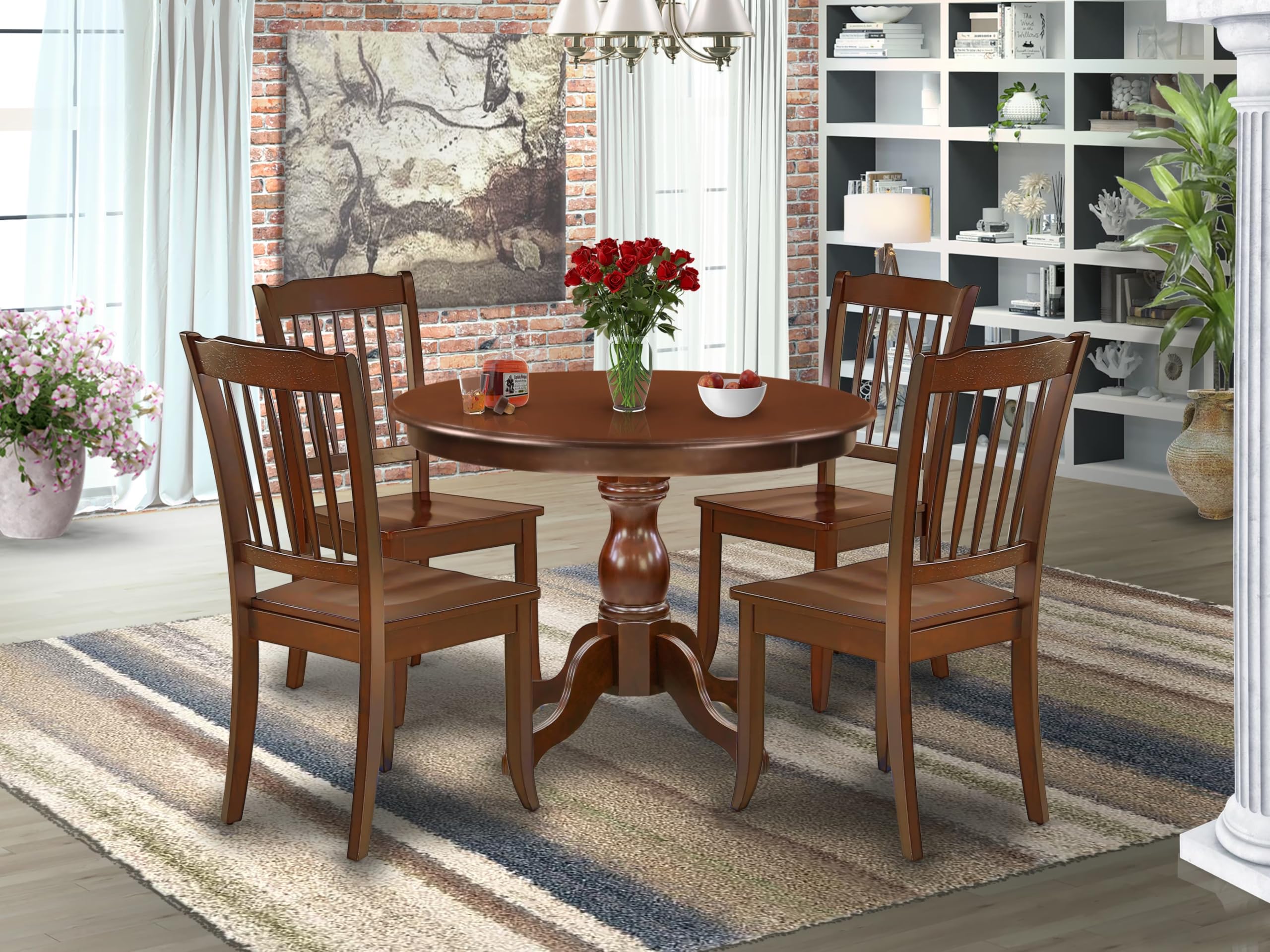 East West Furniture HBDA5-MAH-W 5 Piece Dining Set Includes a Round Dining Table with Pedestal and 4 Kitchen Chairs, 42x42 Inch, Mahogany