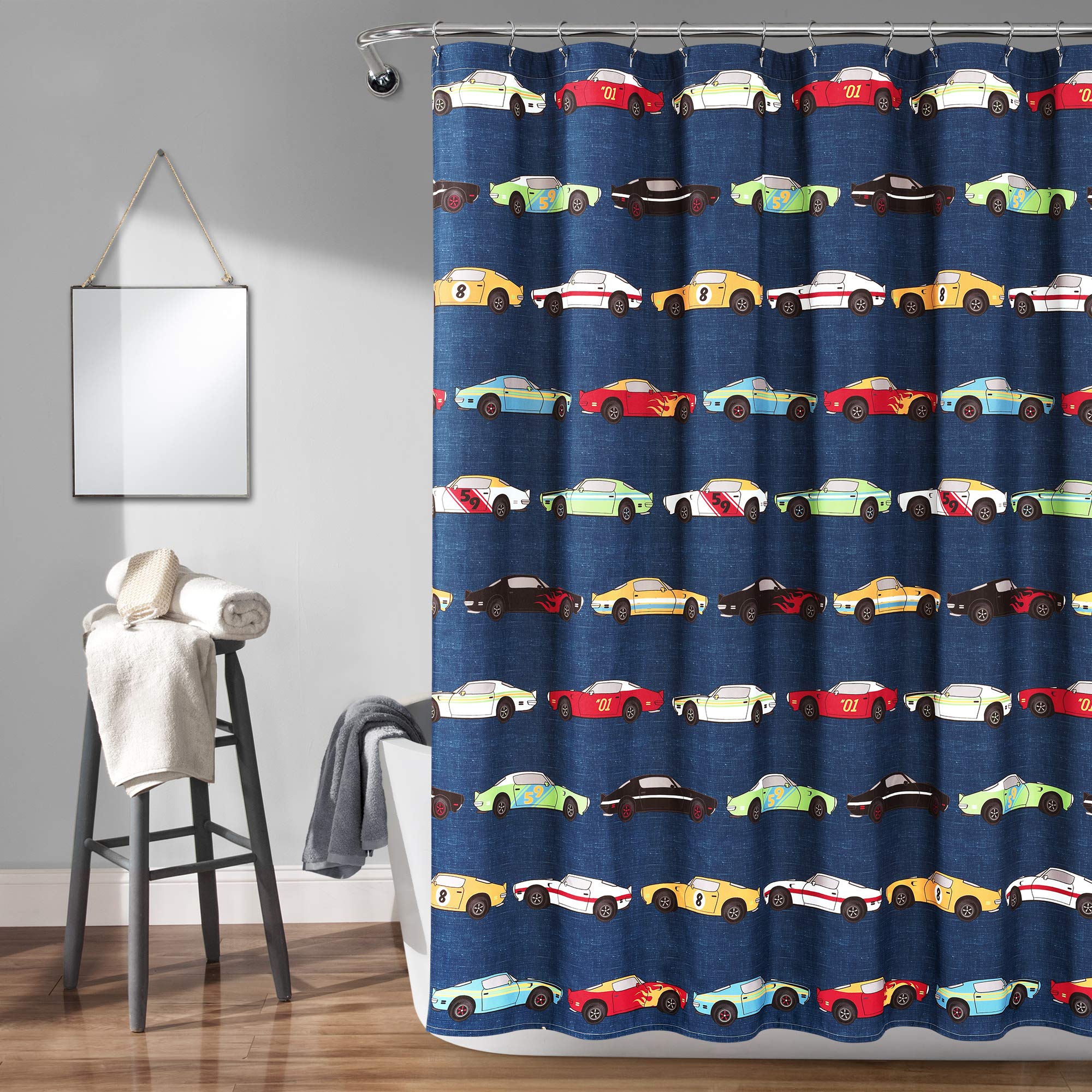 Lush Decor, Navy Cars Shower Curtain-Fabric Racing Print Design For Kids, X 72