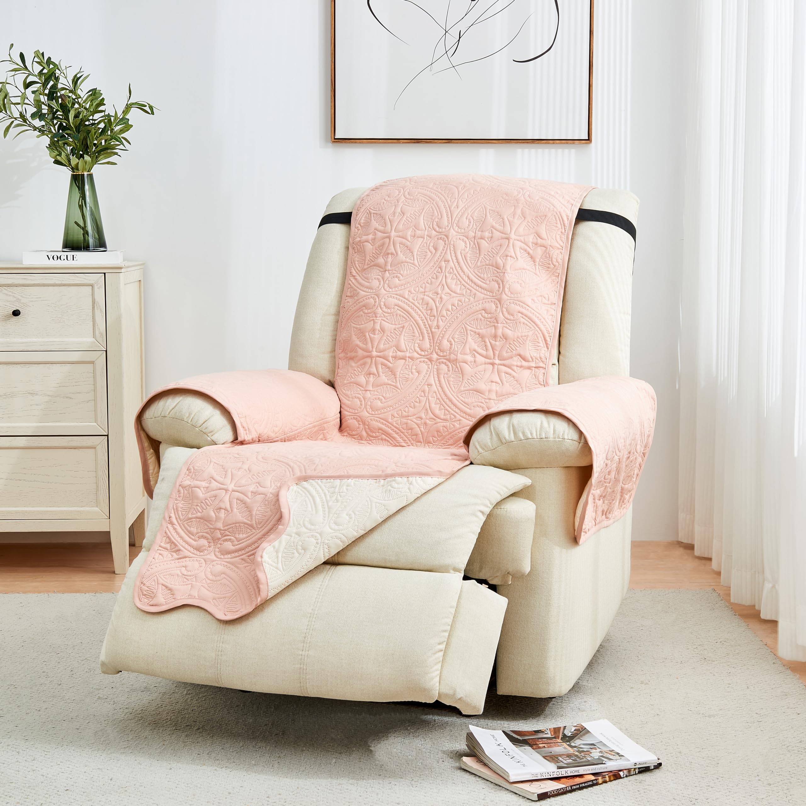 Reversible Recliner Chair Cover - Washable Slipcover Furniture Protector With Elastic Straps - Chair Cover For Dogs, Kids, And Pets - Quilted & Stitched Detail (Recliner, Dusty Rose / Taupe).