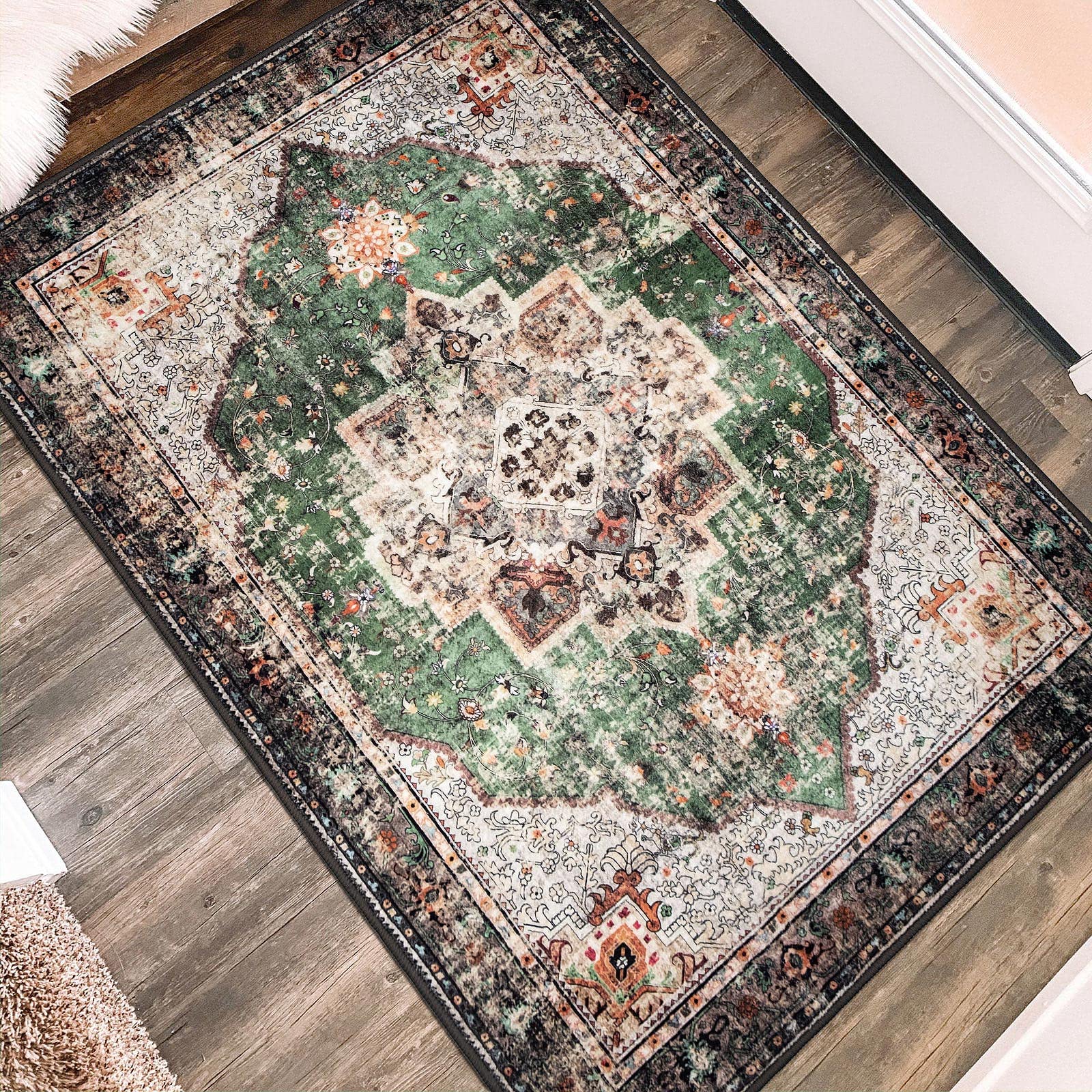 YesRug 2x3 Small Rugs for Entryway, Green Boho Area Rug for Bathroom Throw Hallway Vintage Kitchen Rugs Non Slip Washable, Indoo