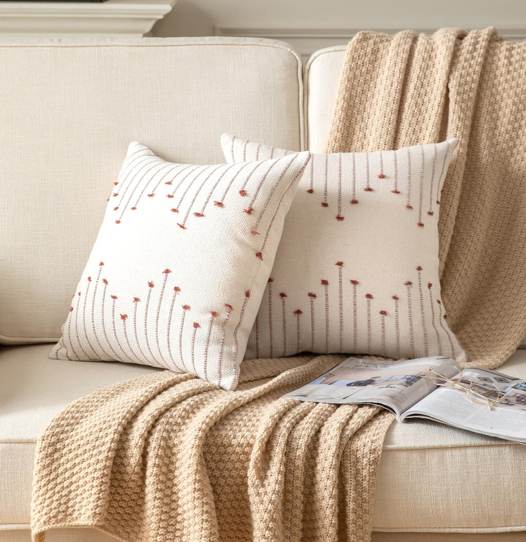 Caflife Boho Throw Pillow Covers 18X18 Set Of 2 Decorative Pillows For Bed, Neutral Pillow Covers Beige With Rust Line Throw Pil