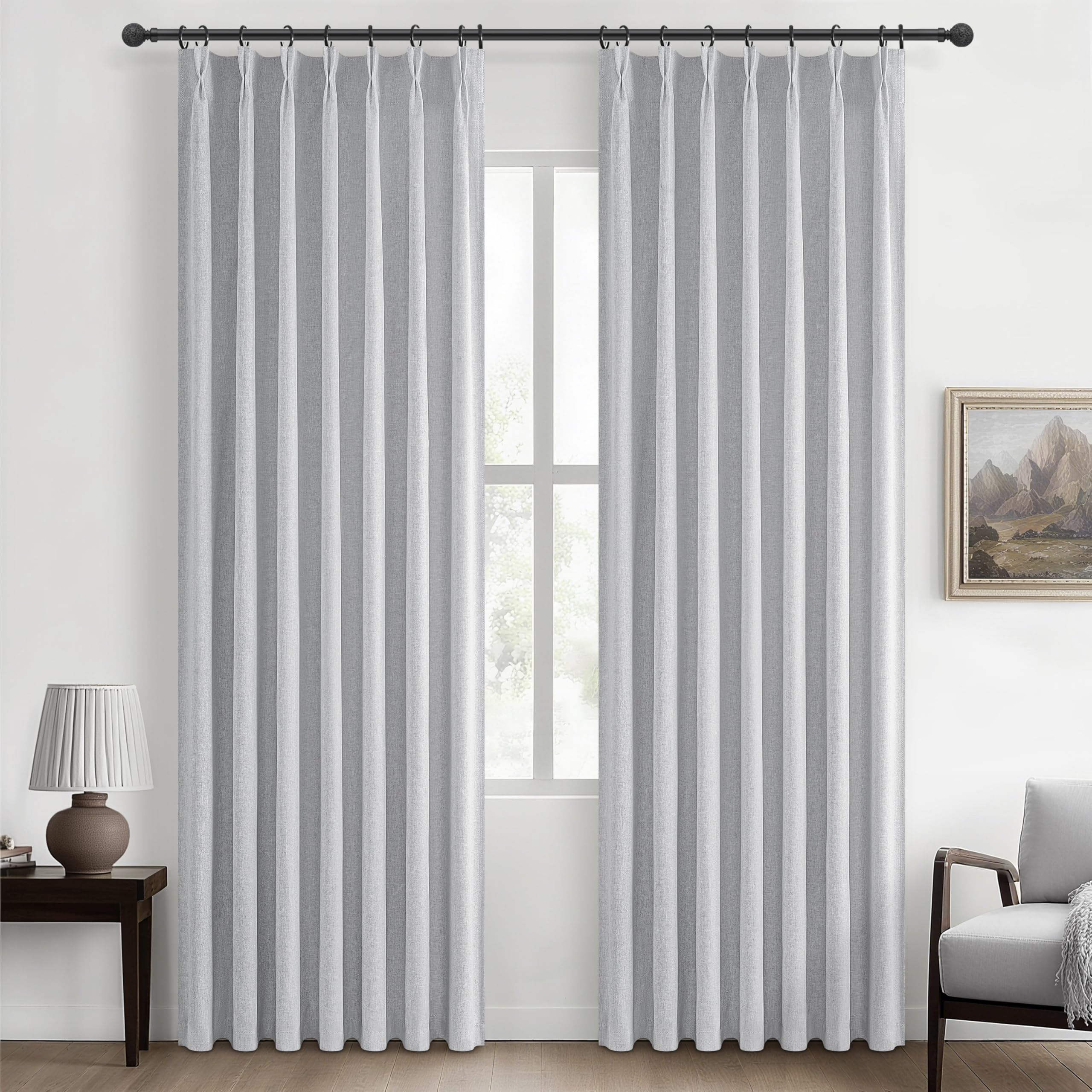 Light Grey Black Out Curtains 90 Inch Long for Living Room, Pinch Pleated Flax Linen Modern Insulated Drapes with Hooks Bedroom 