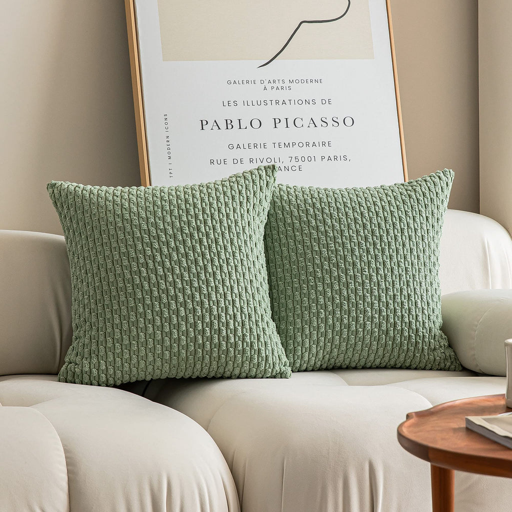 Kevin Textile 2 Packs Sage Green Euro Farmhouse Decorative Throw Pillow Covers 26X26 Inch For Living Room Couch Bed Sofa Spring Rustic Boho Home Decor Soft Striped Corduroy Square Cushion Case