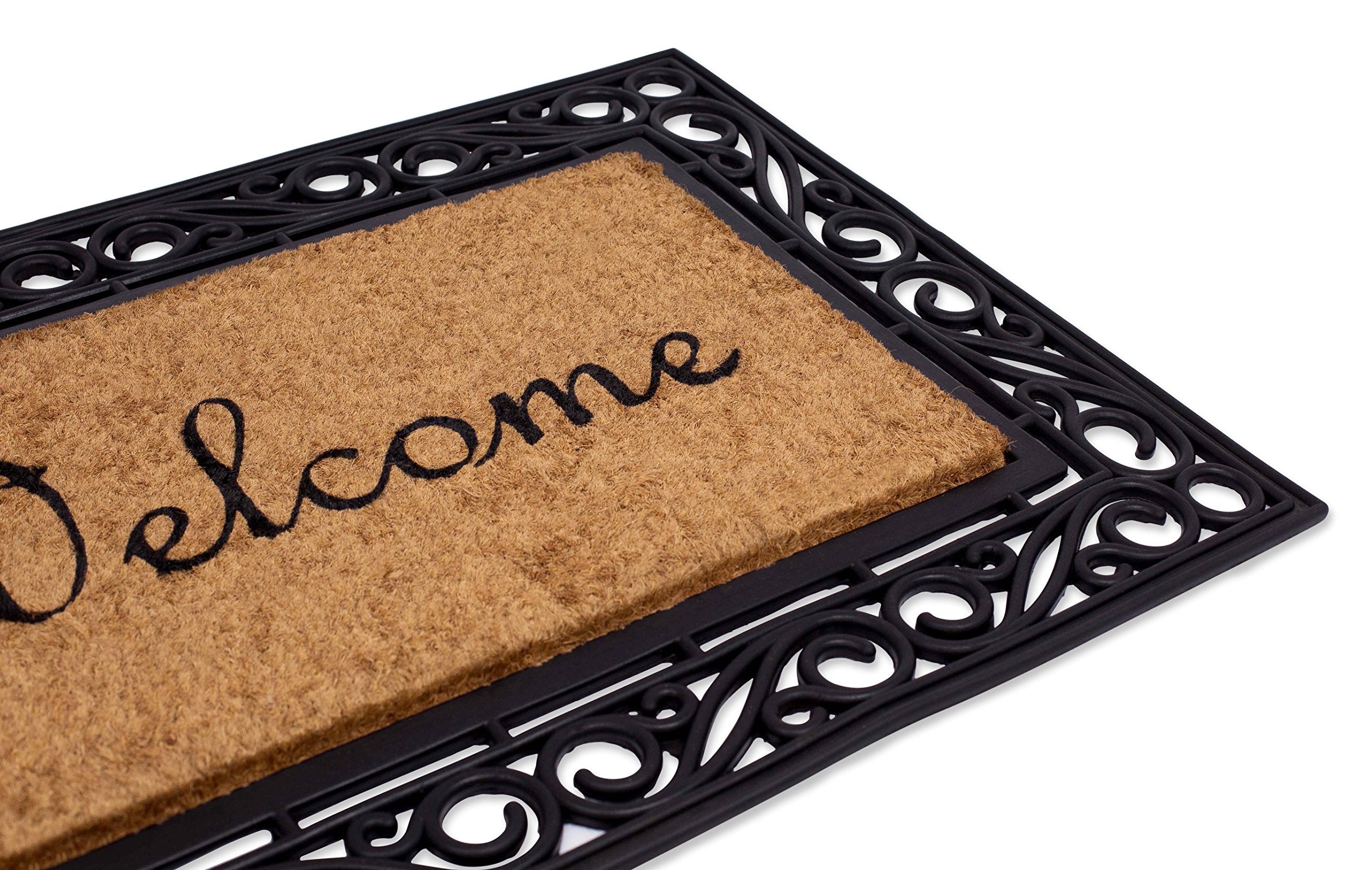 Birdrock Home - Classic Welcome Brush Coir Doormat - Vinyl Backed, Waterproof, Dirt Trapper, Heavy Duty - Indoor/Outdoor Entry, Porch, Garage, Scroll Border, Mud Catching, House Mats - Elegant Design