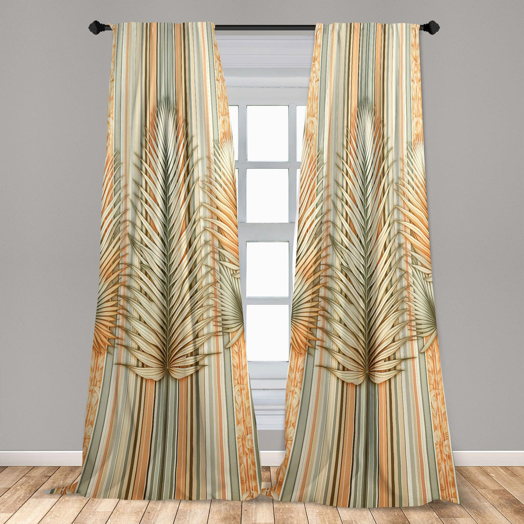 Ambesonne Exotic Window Curtains Pack Of 2, Vintage Tropical Jungle Leaf On Soft Nostalgic Stripes Pattern, Lightweight Set With
