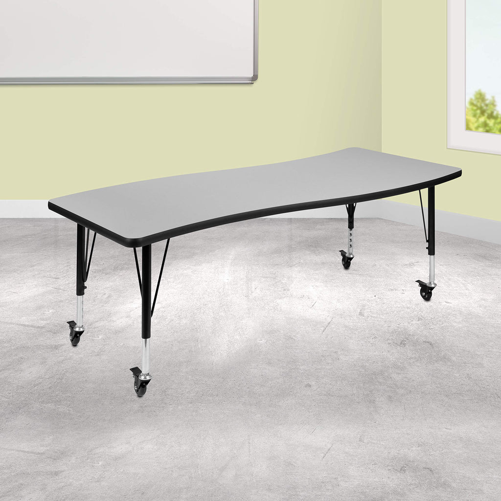 Flash Furniture Mobile 26"W x 60"L Rectangular Wave Collaborative Grey Thermal Laminate Activity Table - Height Adjustable Short Legs