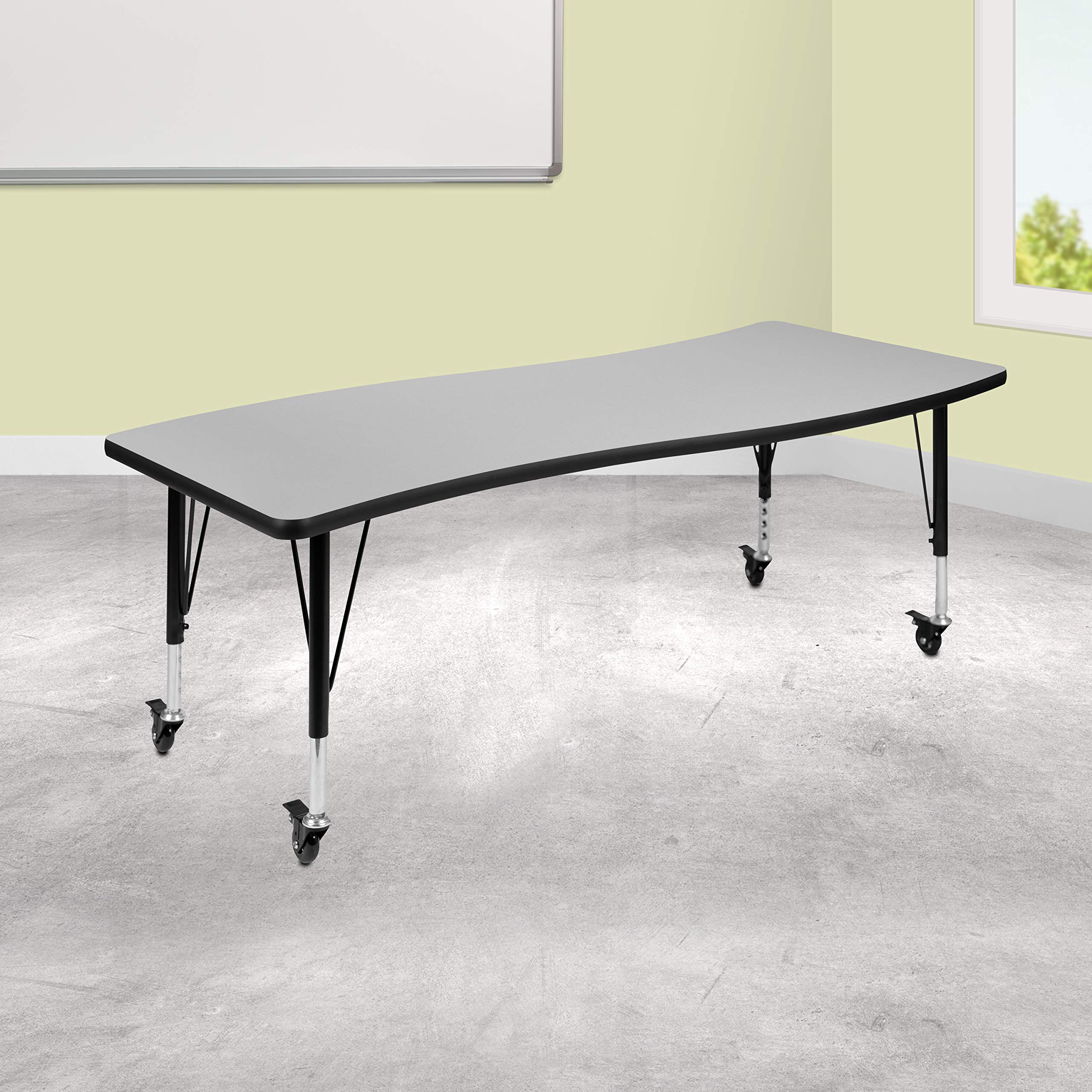Flash Furniture Mobile 26"W x 60"L Rectangular Wave Collaborative Grey Thermal Laminate Activity Table - Height Adjustable Short Legs