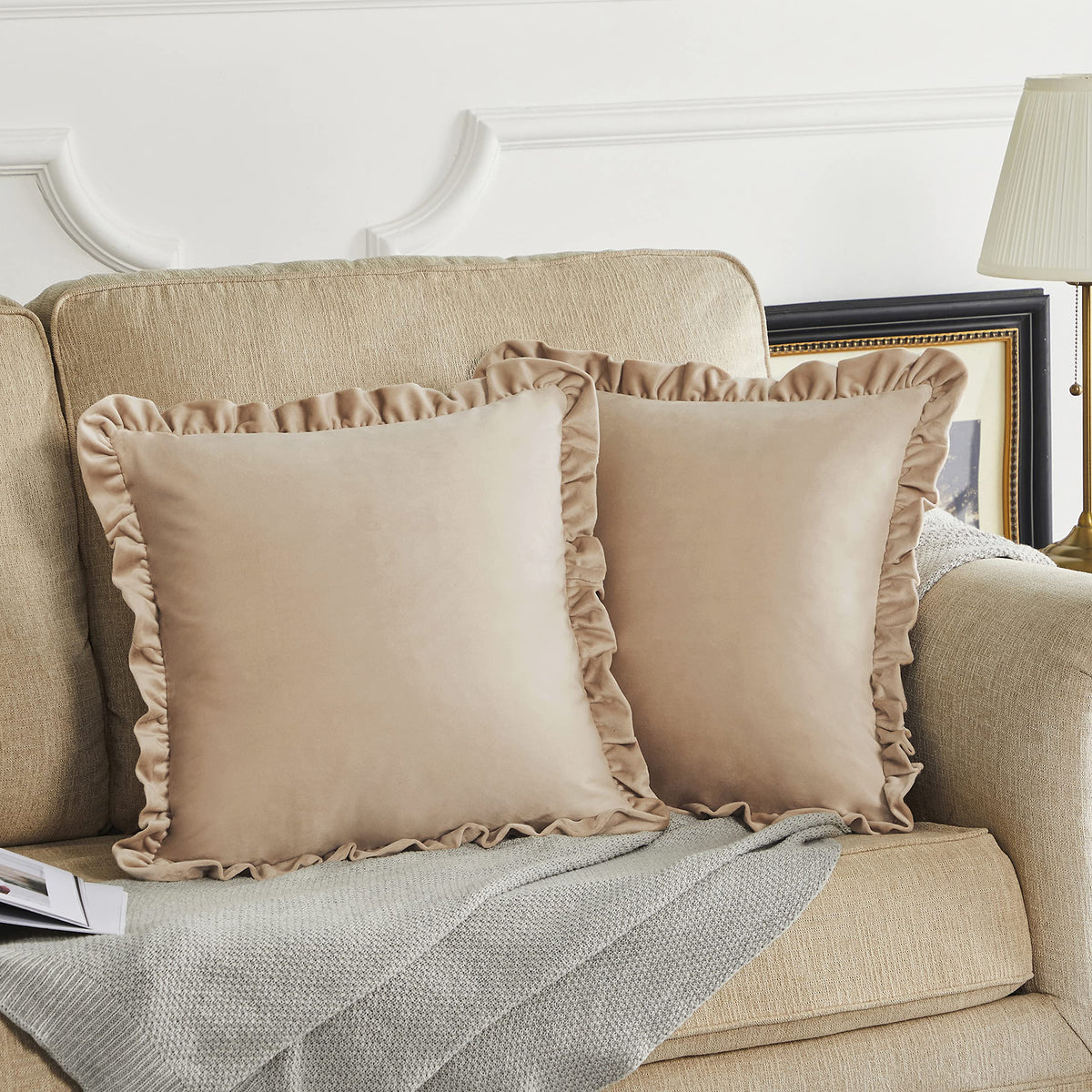 Gigizaza Champagne Decorative Throw Pillow Covers, 18X18 Velvet Ruffle Cushion Pillow Covers For Sofa Couch Set Of 2