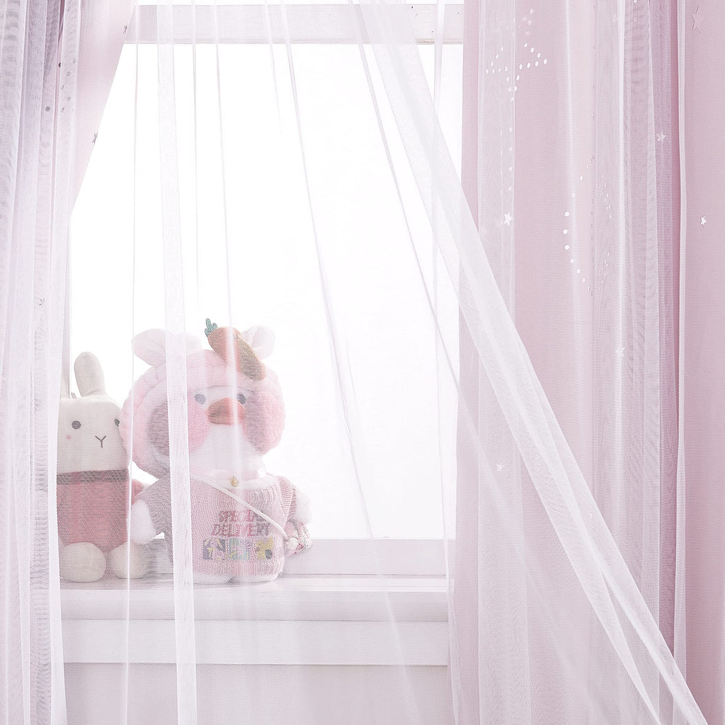 Nicetown Pink Curtains For Girls Bedroom/Kids Room, Moon And Star Hollow Out Blackout Curtains For Nursery, Double-Layer Grommet