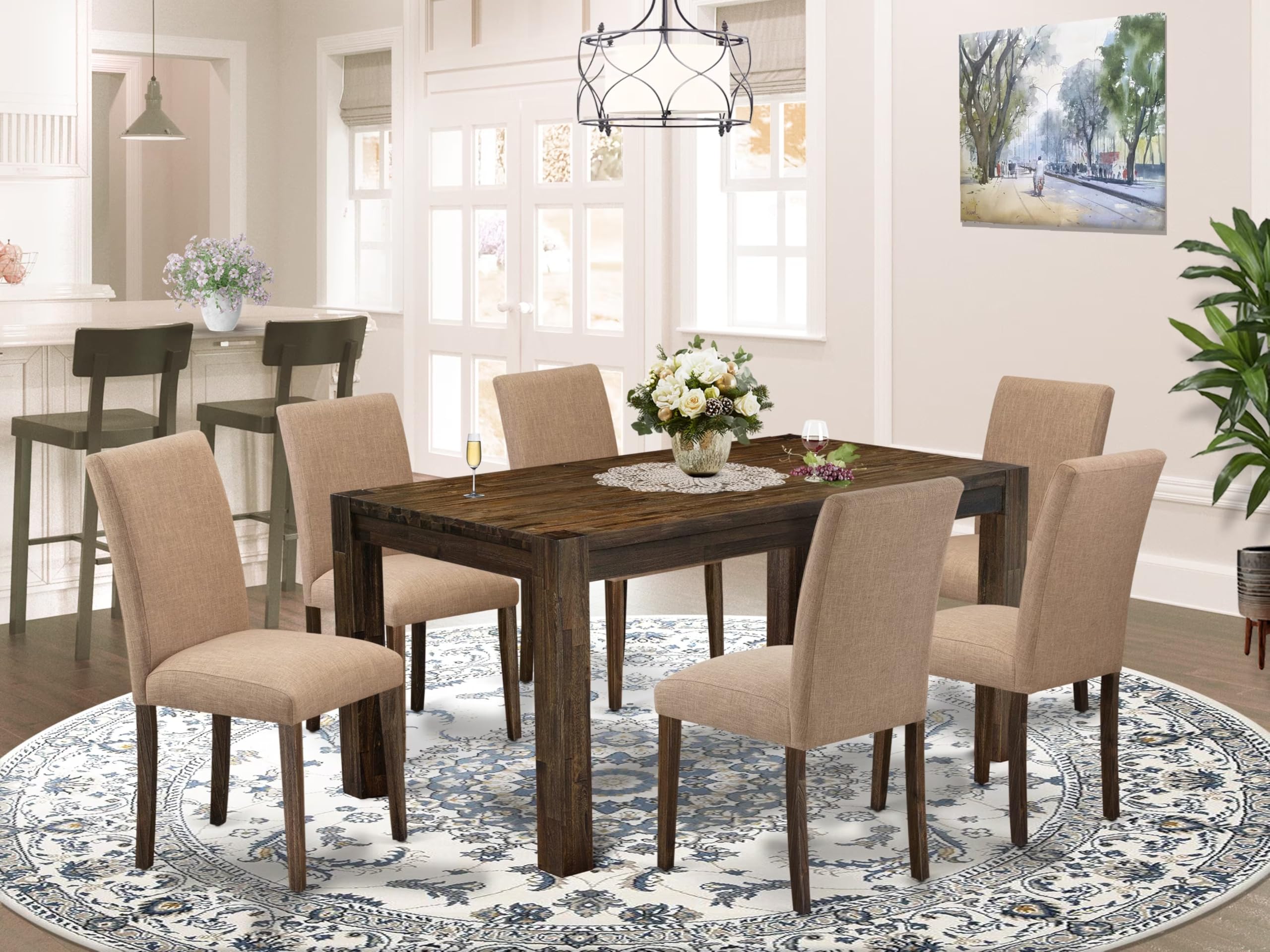 East West Furniture Cnab7-77-47 7 Piece Modern Dining Table Set Consist Of A Rectangle Rustic Wood Wooden Table And 6 Light Sable Linen Fabric Upholstered Chairs, 36X60 Inch, Jacobean