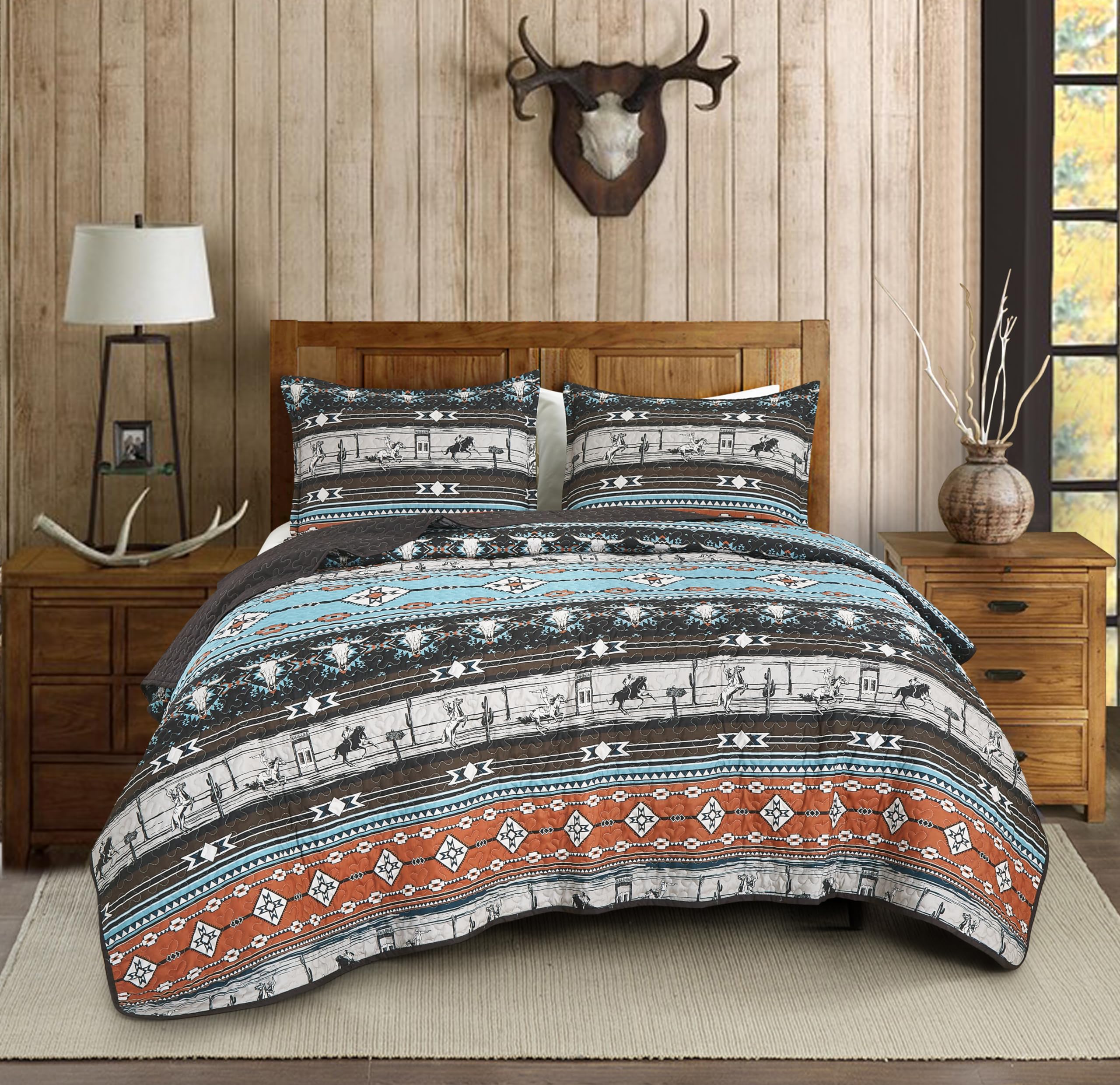 Chezmoi Collection Boone 2Piece Southwestern Cowboys Rodeo Quilt Set Twin  Multicolor Blue Brown Beige Clay Printed Microfiber