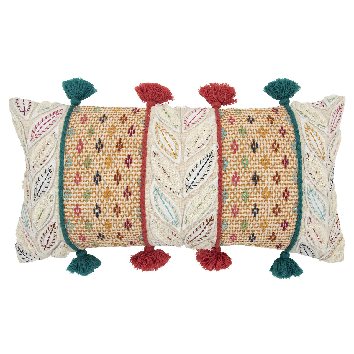 Rizzy Home Leaves and Diamonds 14&quot; x 26&quot; Poly Pillow with Cotton Cover-Multi