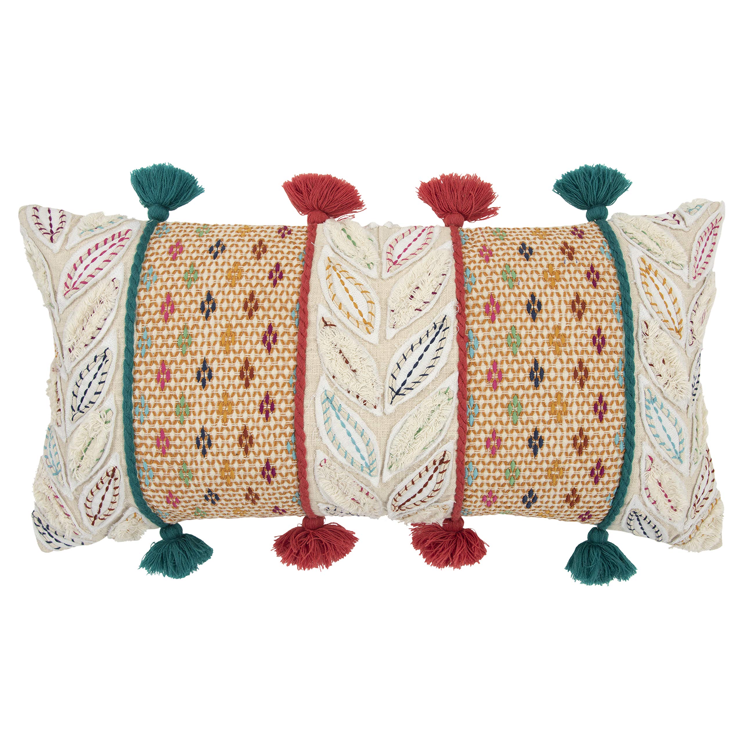 Rizzy Home Leaves And Diamonds 14&quot; X 26&quot; Down Pillow With Cotton Cover-Multi