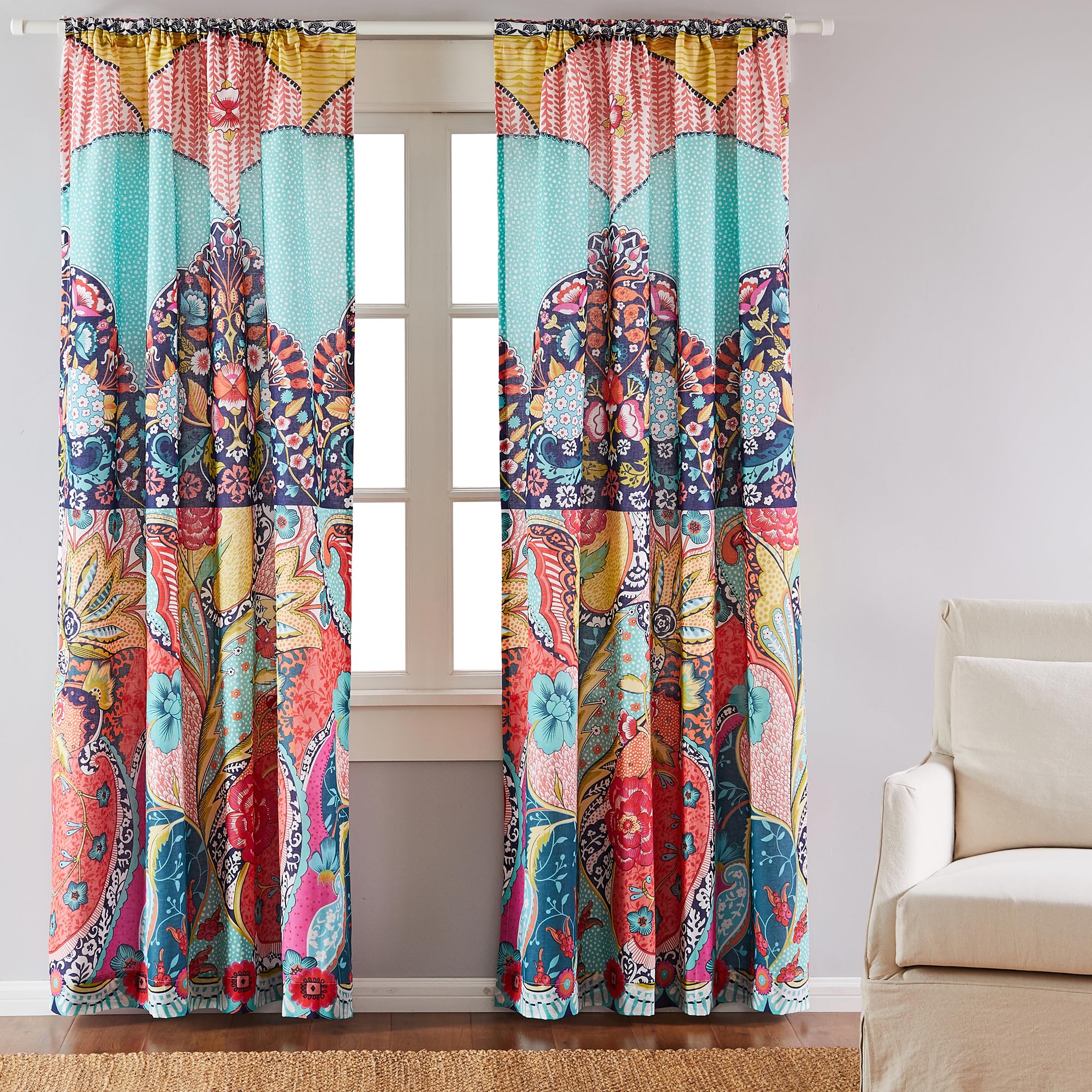 Levtex Home - Jules - Drape Panel/Curtain (55x84in.) with Rod Pocket - Bohemian - Teal, Orange, Yellow, Green, Blue, Red, Black 