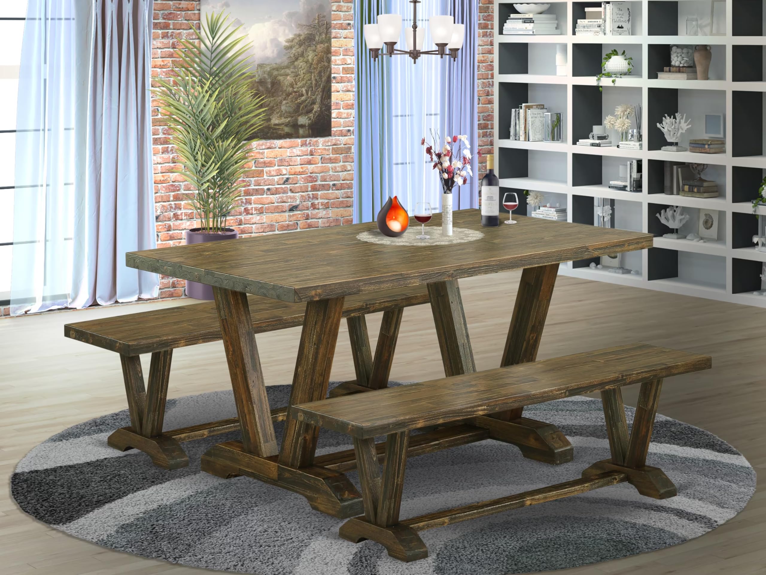 East West Furniture V2-776 3 Piece Dinette Set for Small Spaces Contains a Rectangle Dining Table with V-Legs and 2 Dining Table Bench, 36x60 Inch, Multi-Color