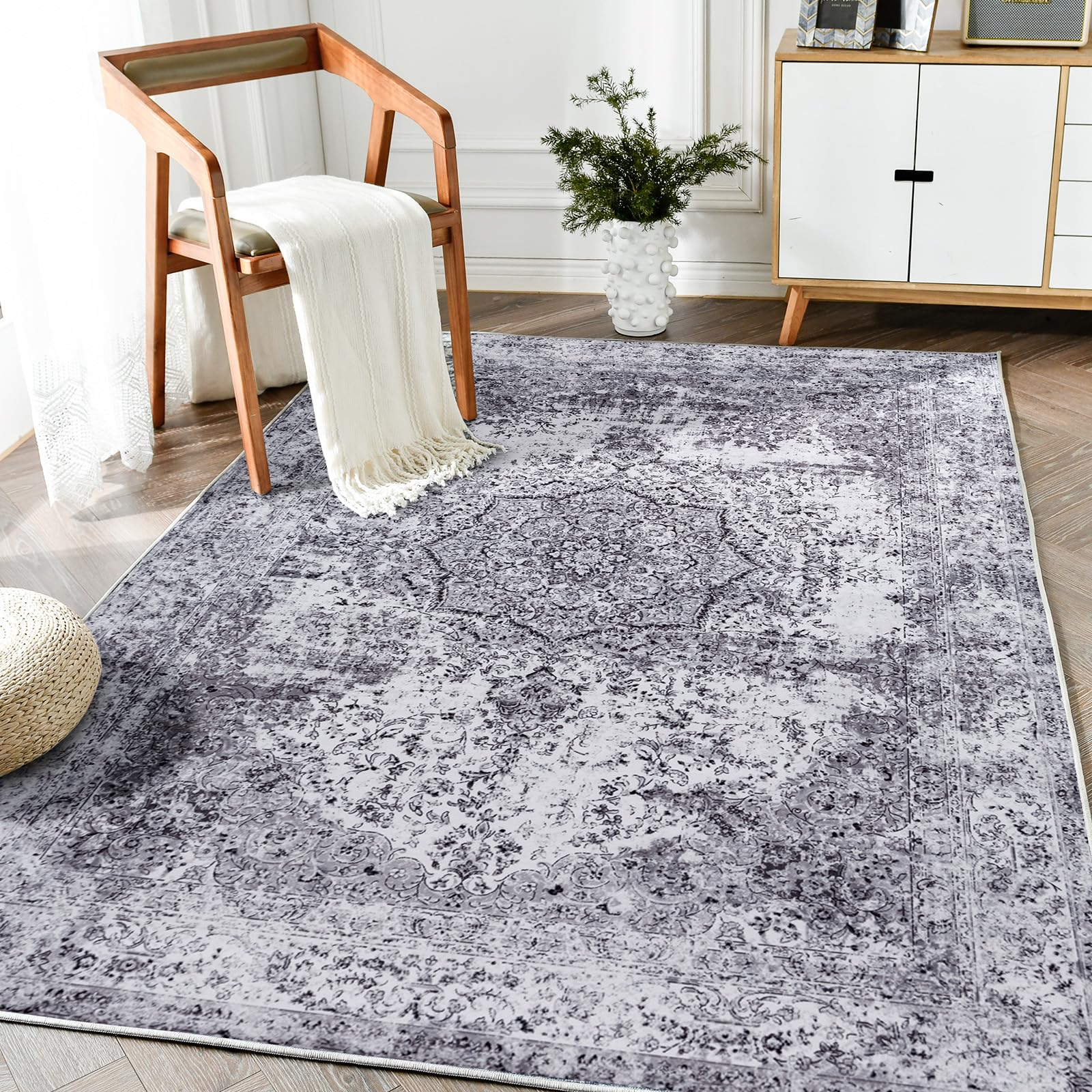 jinchan Area Rug 5x7 Washable Rug Grey Vintage Rug Traditional Distressed Foldable Thin Rug Retro Kitchen Accent Rug Indoor Floo