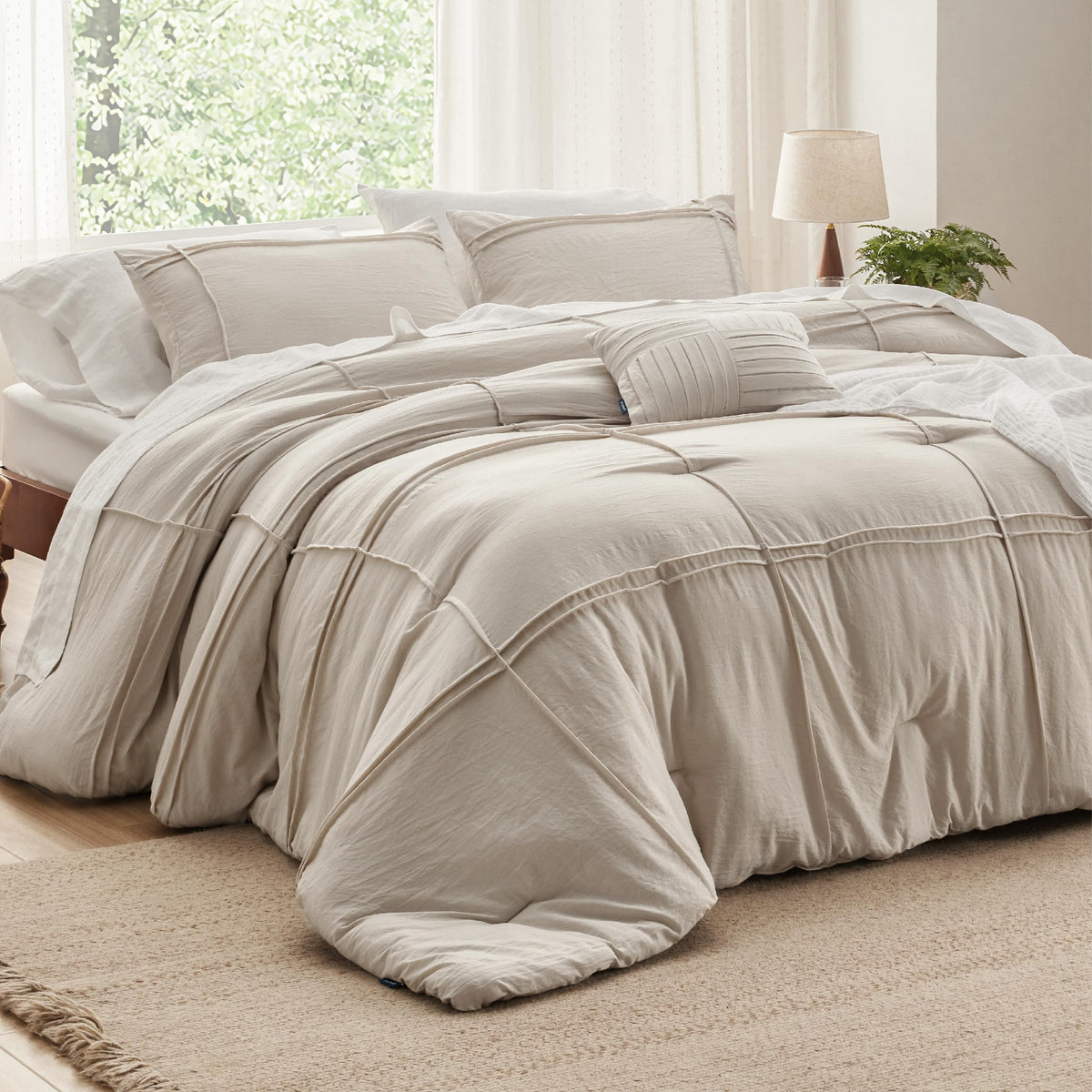 Bedsure Beige Queen Comforter Set - 4 Pieces Grid Pleated Bed Set, Down Alternative Bedding Sets For All Season, 1 Comforter, 2